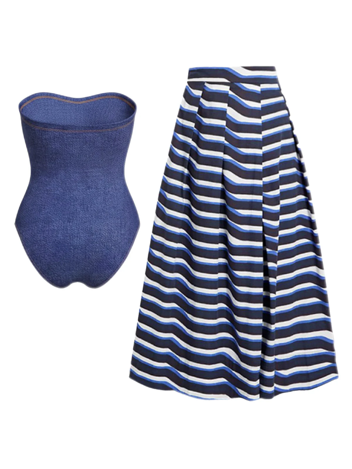2PCS 1980s Strapless Denim Bow Swimsuit & Striped Cover-Up - Image 2