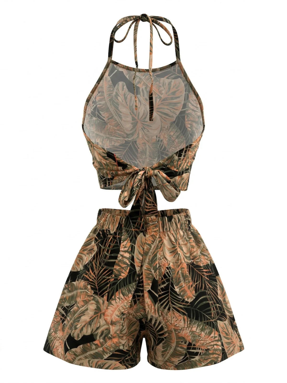 2PCS 1980s Tropical Palm Halter Crop Top & High-Waisted Shorts - Image 3