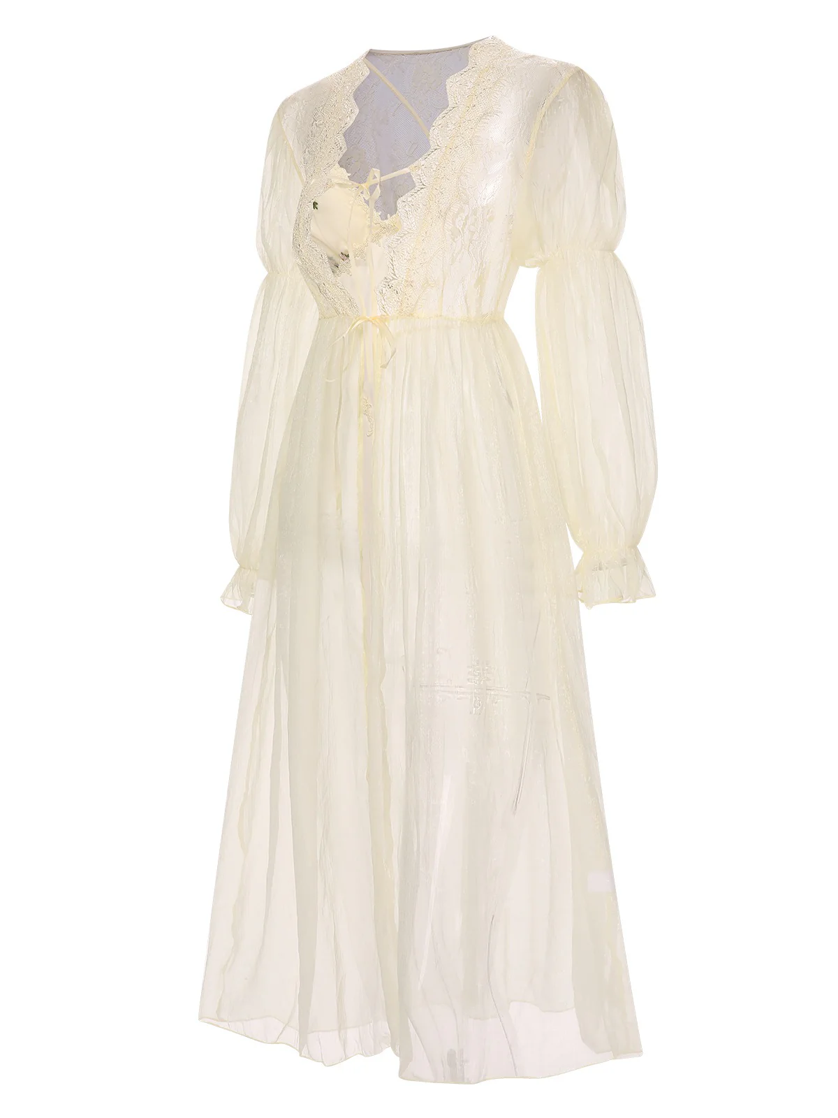 2PCS Apricot 1950s Floral Straps Slit Nightgown & Robe - Image 4