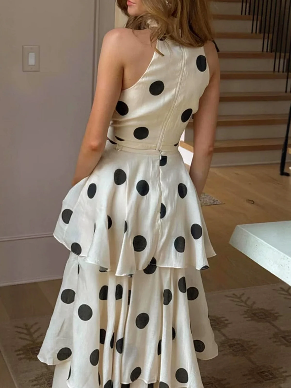 2PCS Beige 1930s Polka Dot Halter Sleeveless Top & Cake Skirt - Image 2