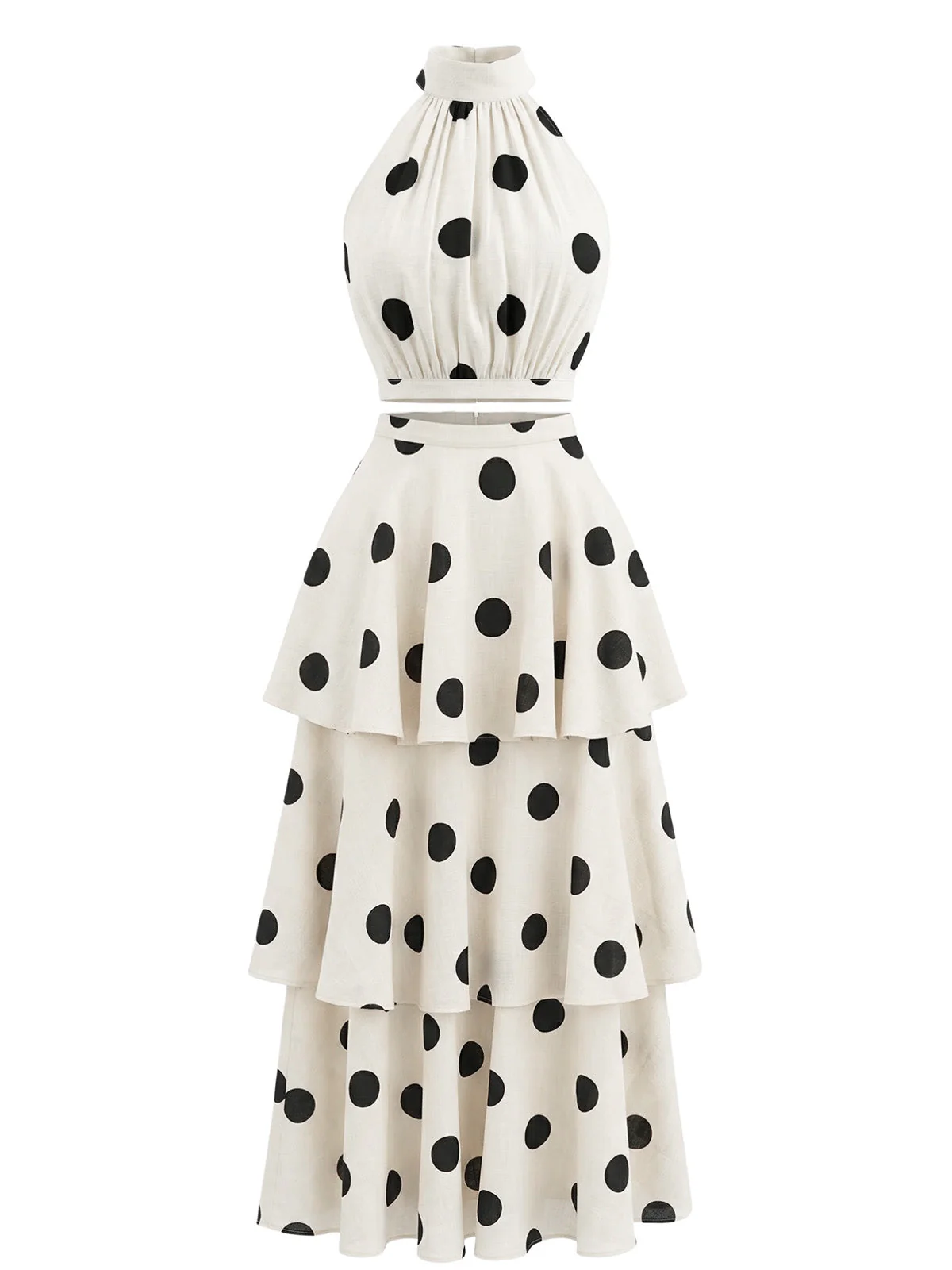 2PCS Beige 1930s Polka Dot Halter Sleeveless Top & Cake Skirt - Image 3