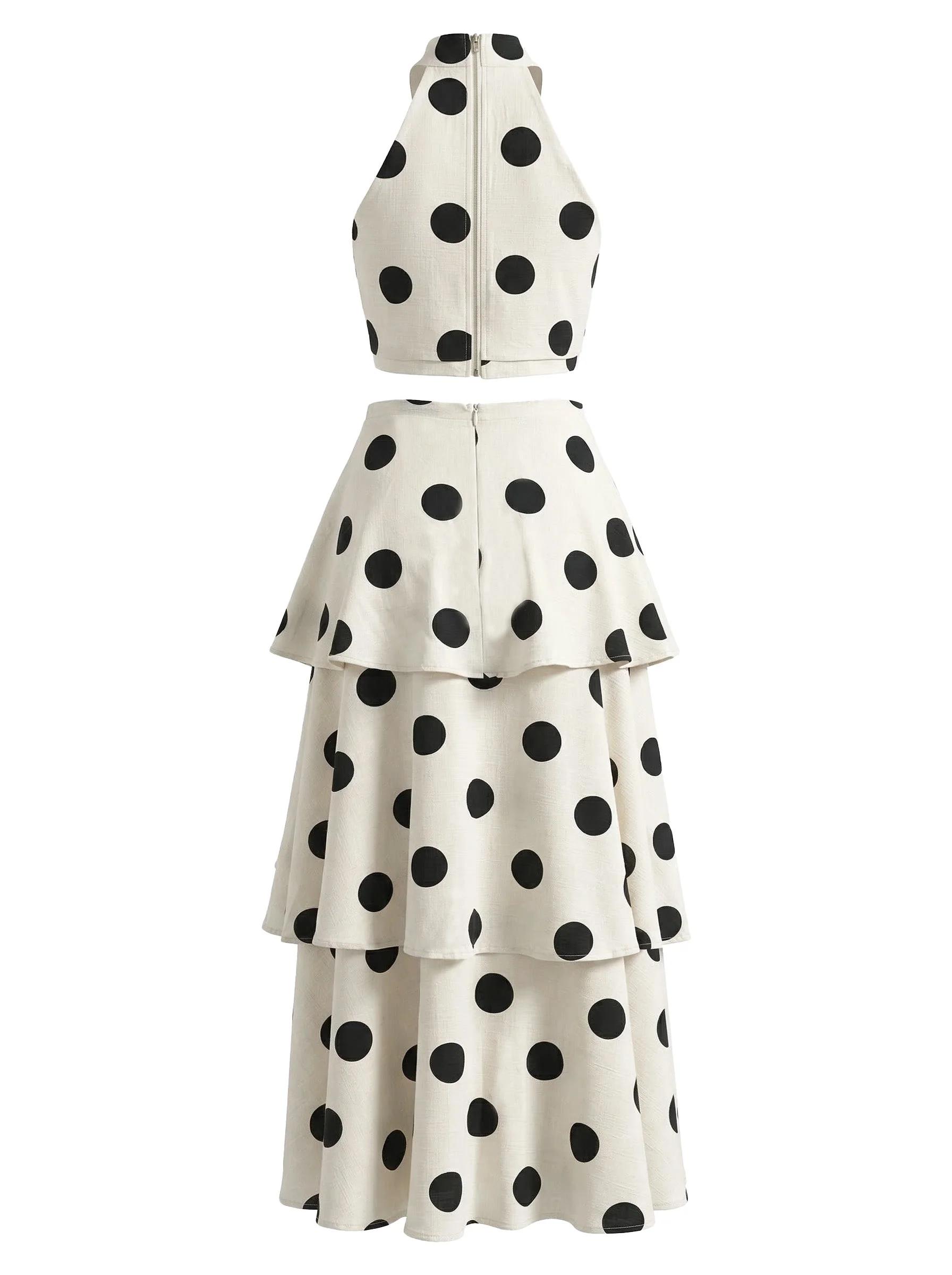 2PCS Beige 1930s Polka Dot Halter Sleeveless Top & Cake Skirt - Image 4