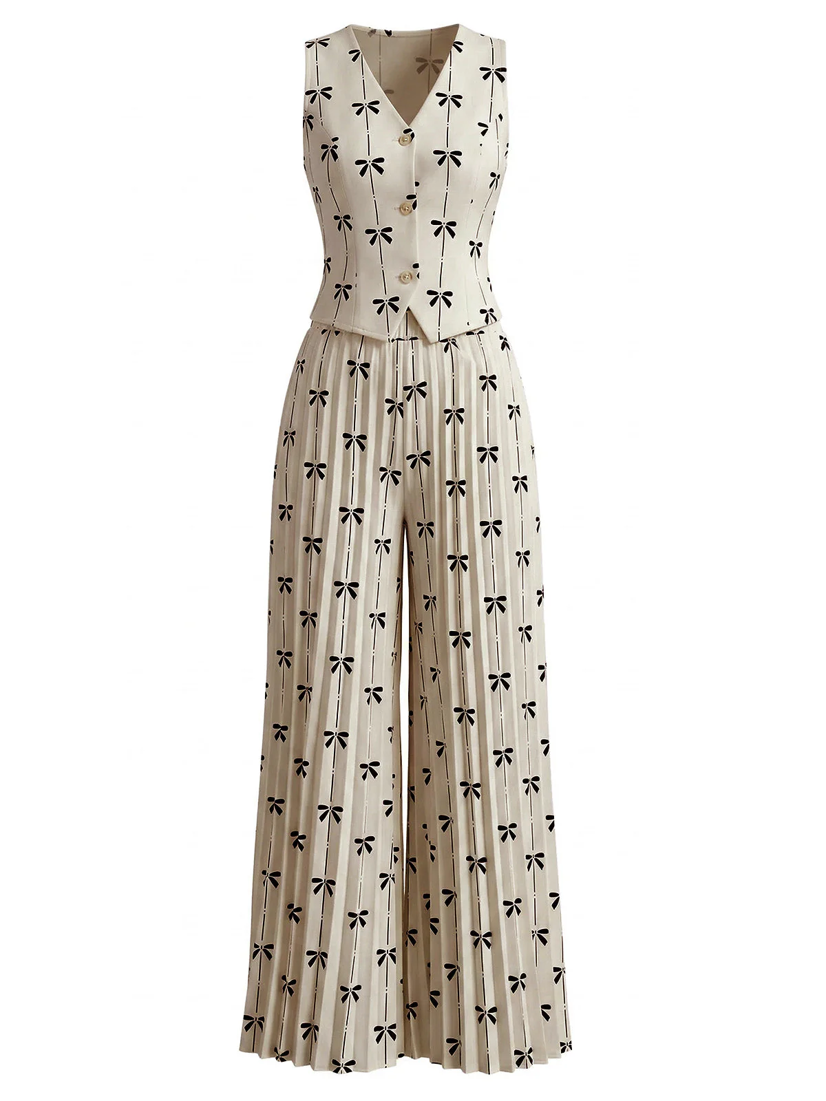 2PCS Beige 1940s Bow Sleeveless Vest & Pleated Pants - Image 2