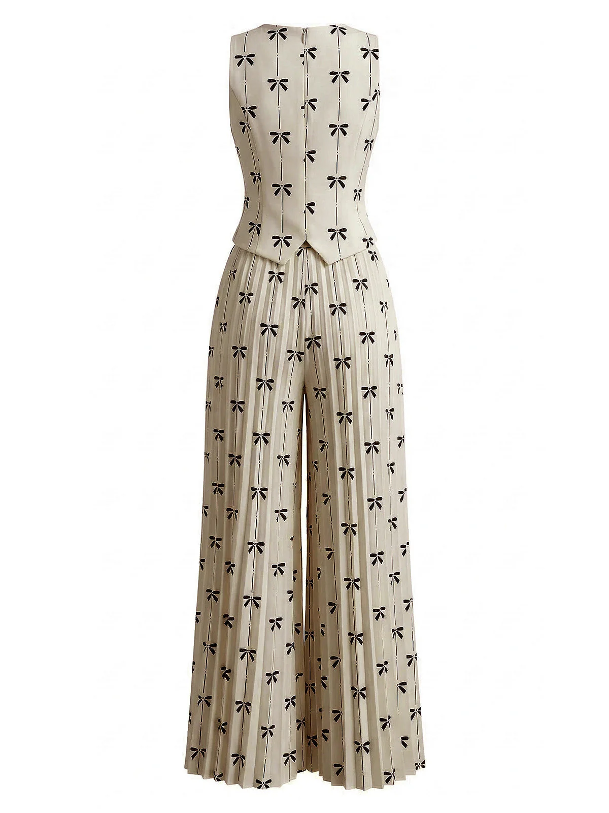 2PCS Beige 1940s Bow Sleeveless Vest & Pleated Pants - Image 3