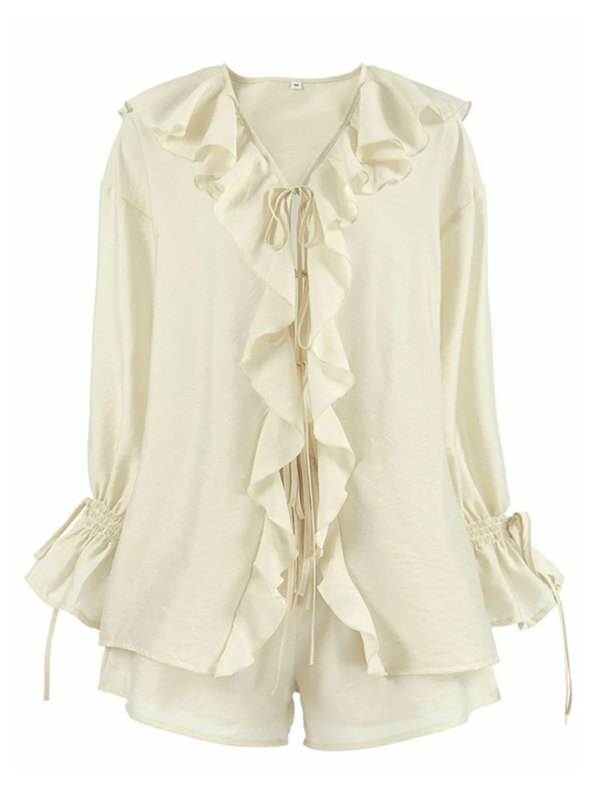 2PCS Beige 1940s Ruffle Lace-up Cardigan & Shorts Set - Image 2