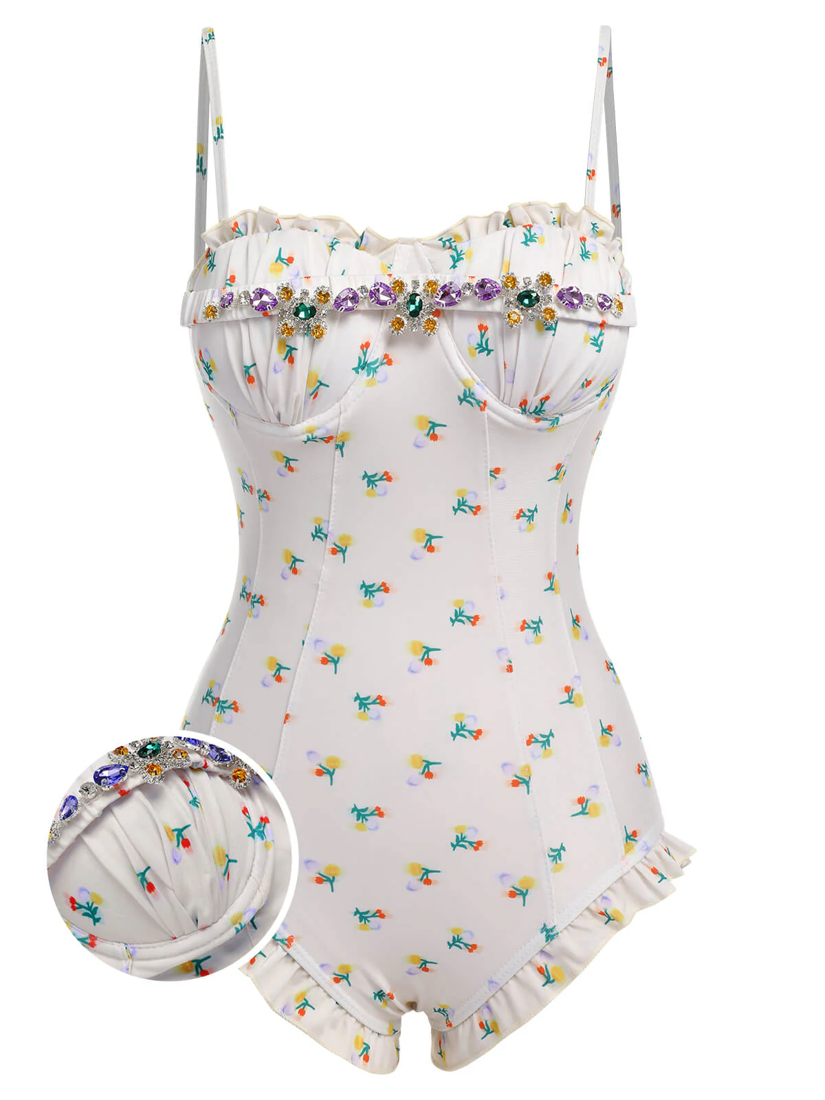 2PCS Beige 1950s Floral One-Piece Swimsuit & Skirt - Image 2