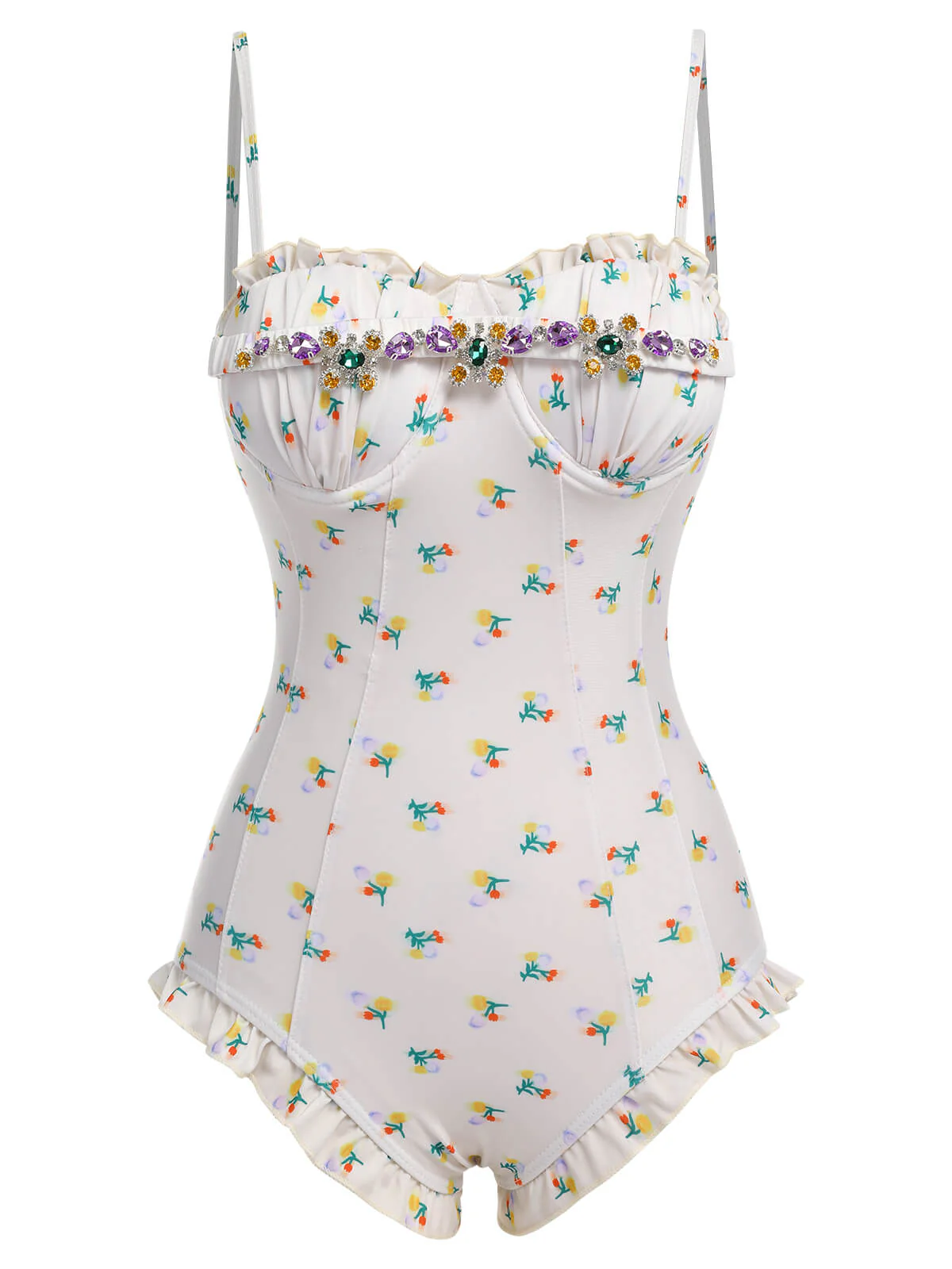 2PCS Beige 1950s Floral One-Piece Swimsuit & Skirt - Image 3