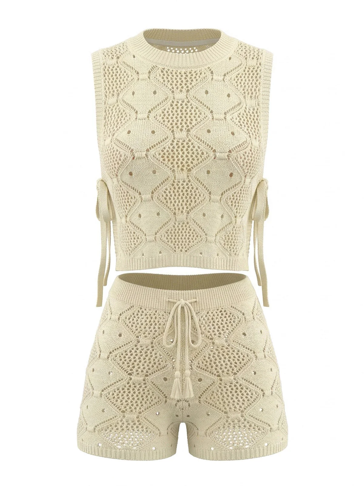 2PCS Beige 1960s Crochet Sleeveless Drawstring Shorts Set - Image 4