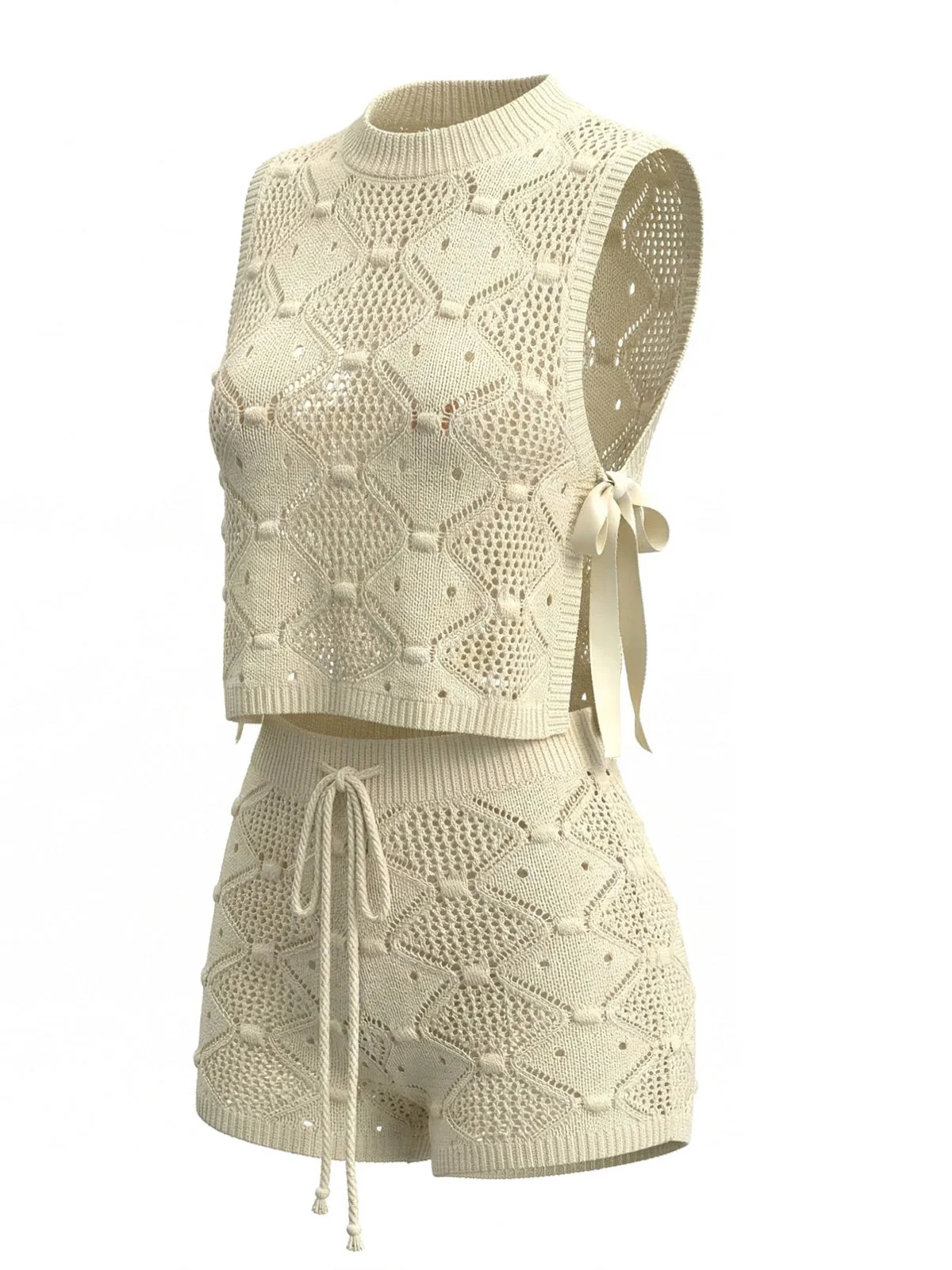 2PCS Beige 1960s Crochet Sleeveless Drawstring Shorts Set - Image 5