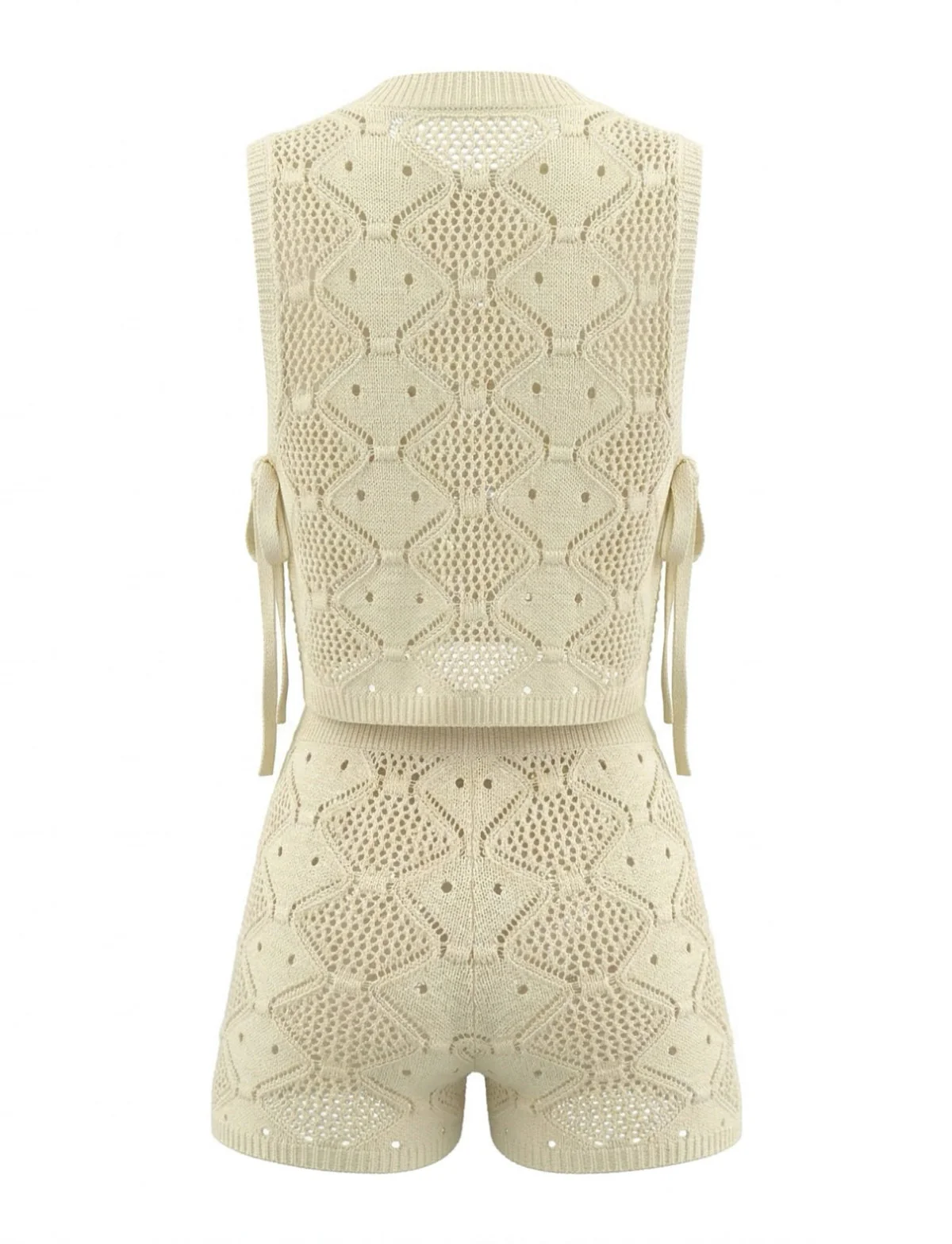 2PCS Beige 1960s Crochet Sleeveless Drawstring Shorts Set - Image 6