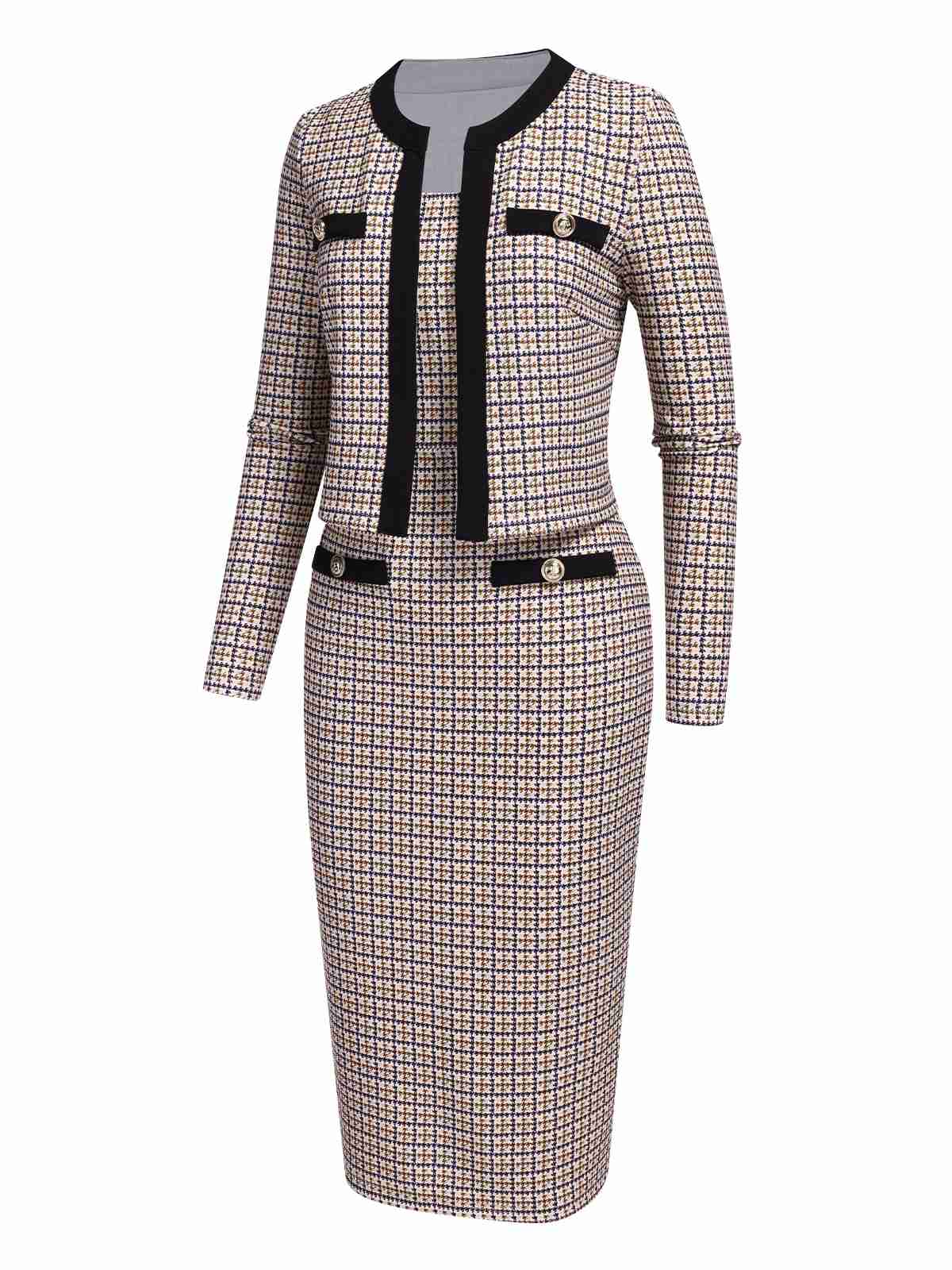 2PCS Beige 1960s Knitted Straps Pencil Dress & Short Coat - Image 2
