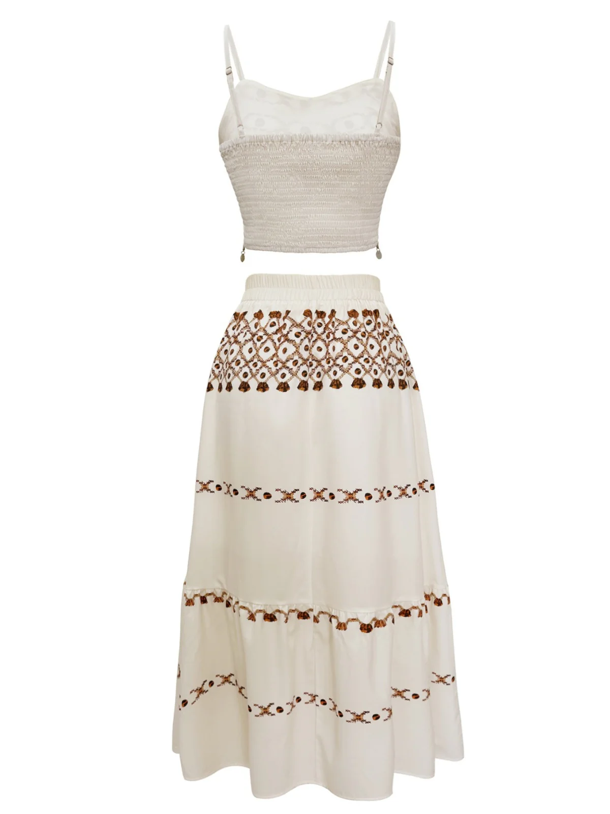 2PCS Beige 1970s Bohemian Fringe Strap Top & Skirt - Image 2