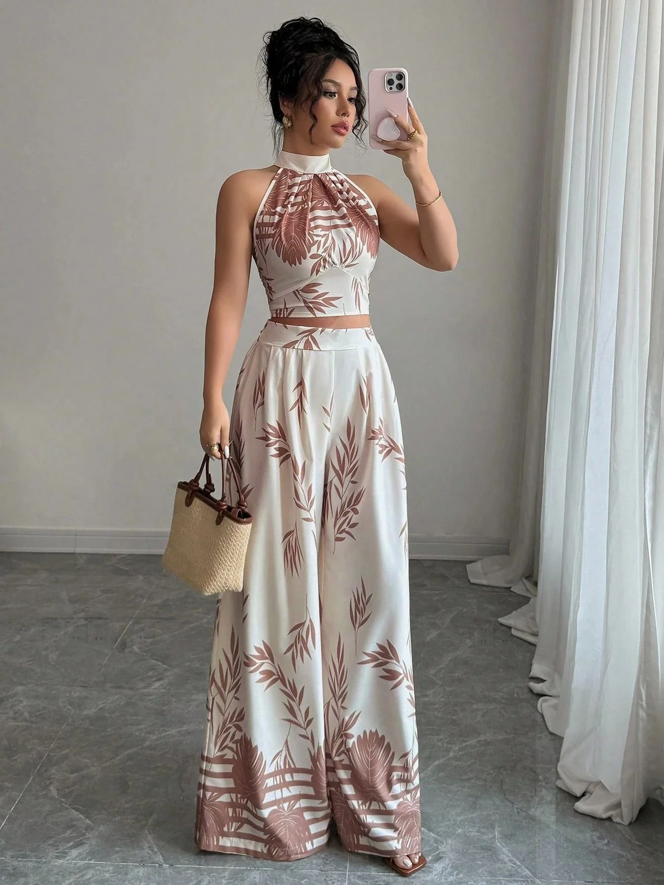 2PCS Beige 1970s Leaf Print Halter Top & Wide-Leg Pants - Image 2