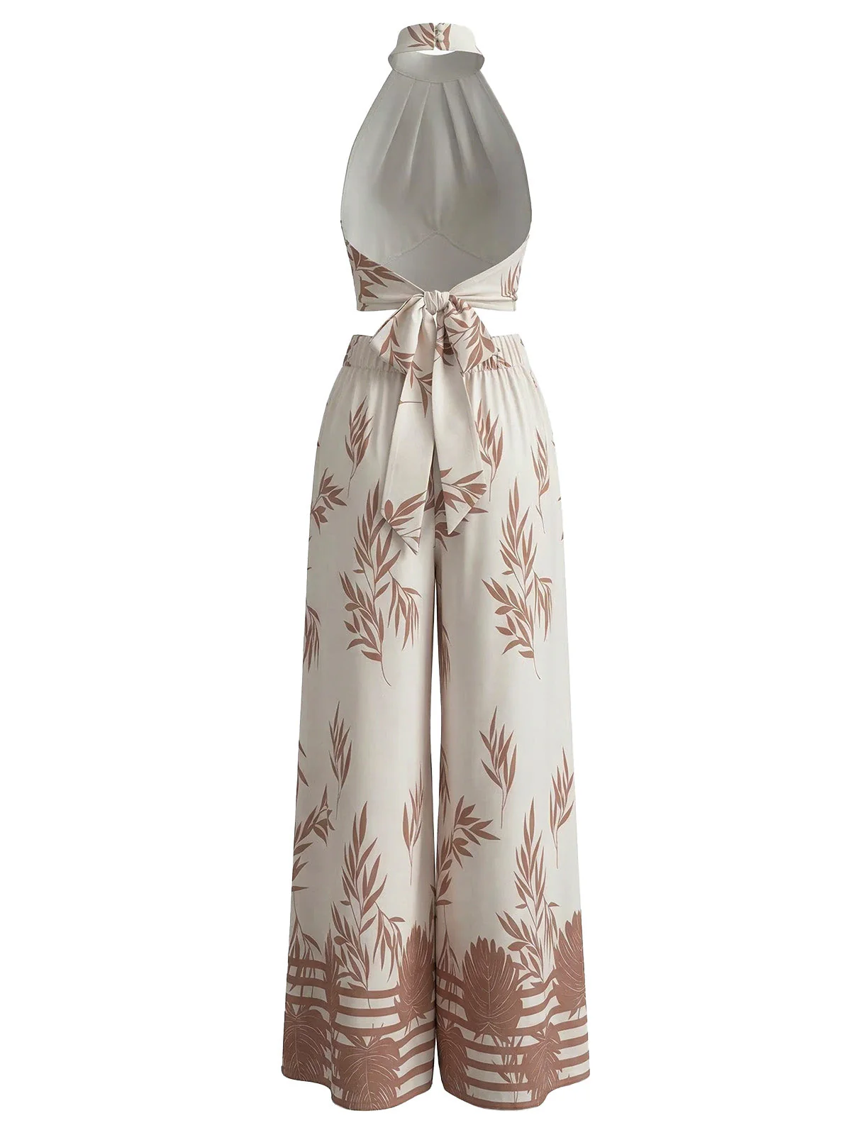 2PCS Beige 1970s Leaf Print Halter Top & Wide-Leg Pants - Image 3