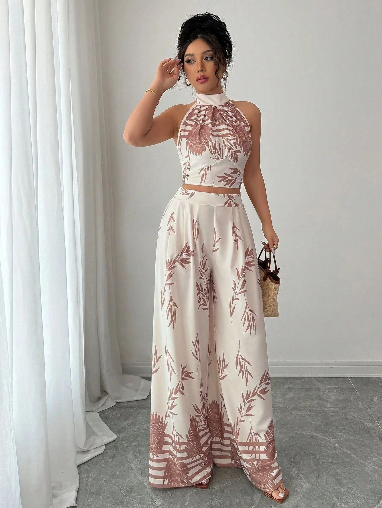 2PCS Beige 1970s Leaf Print Halter Top & Wide-Leg Pants - Image 6