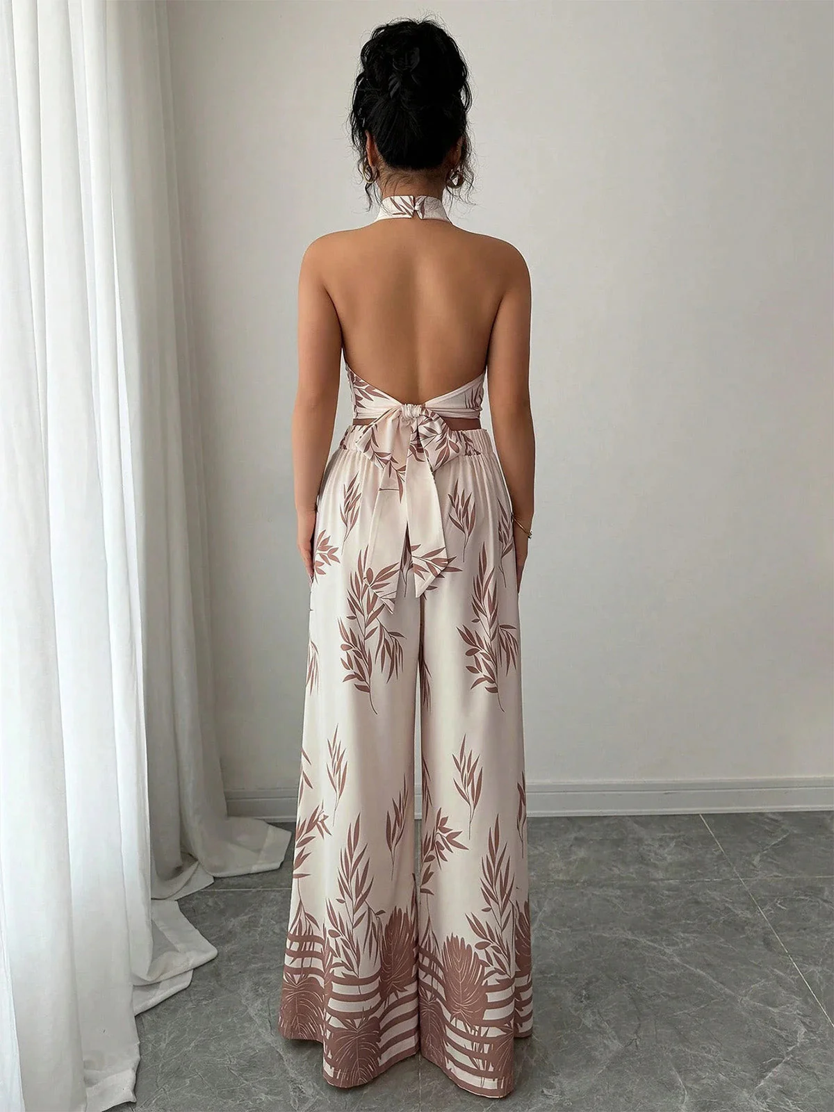 2PCS Beige 1970s Leaf Print Halter Top & Wide-Leg Pants - Image 7