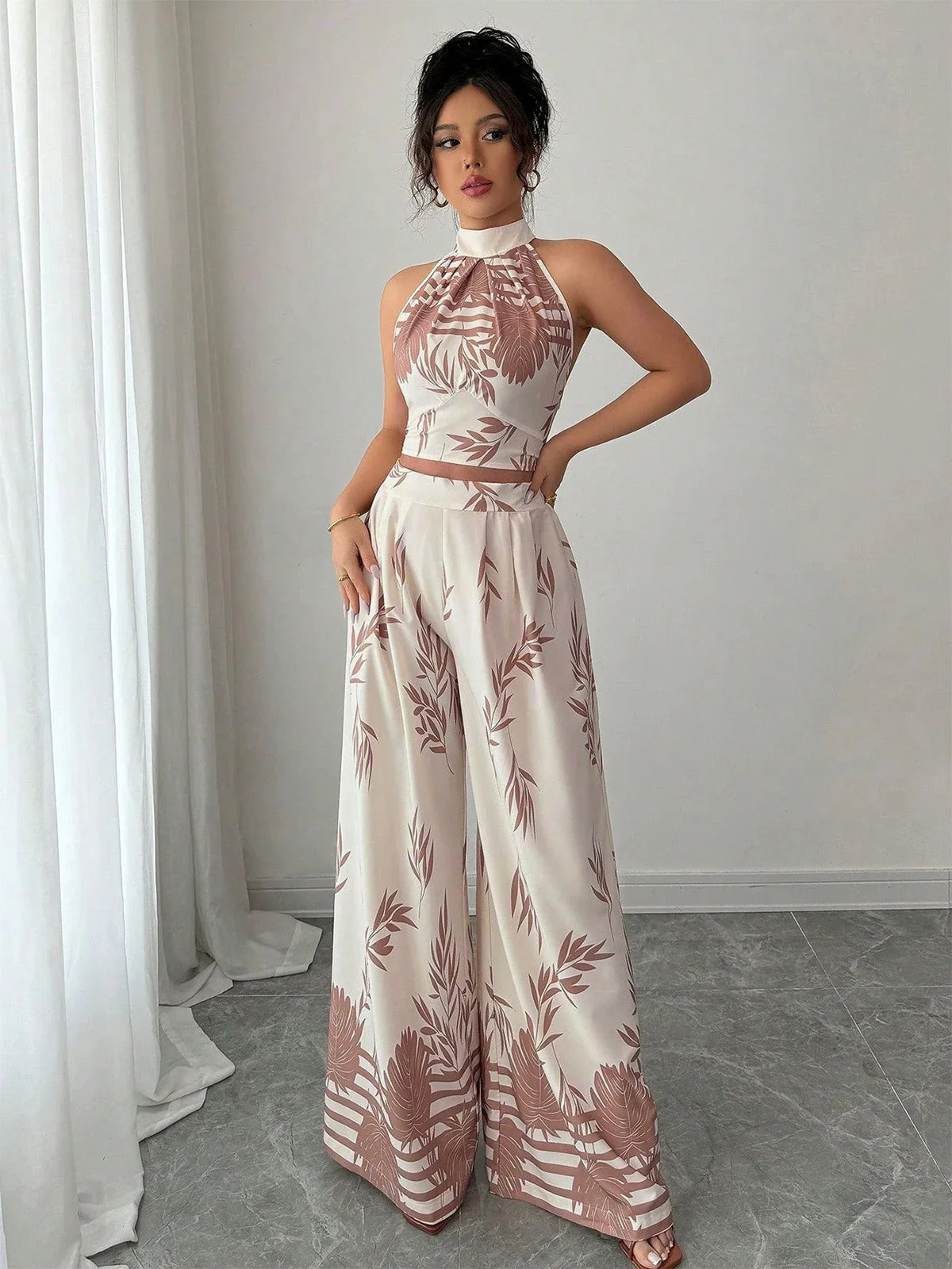 2PCS Beige 1970s Leaf Print Halter Top & Wide-Leg Pants - Image 8