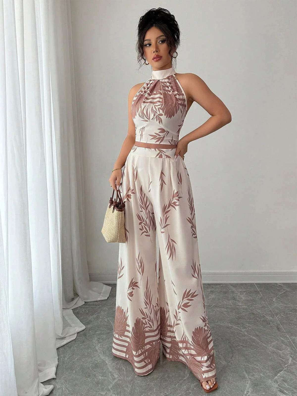 2PCS Beige 1970s Leaf Print Halter Top & Wide-Leg Pants - Image 9