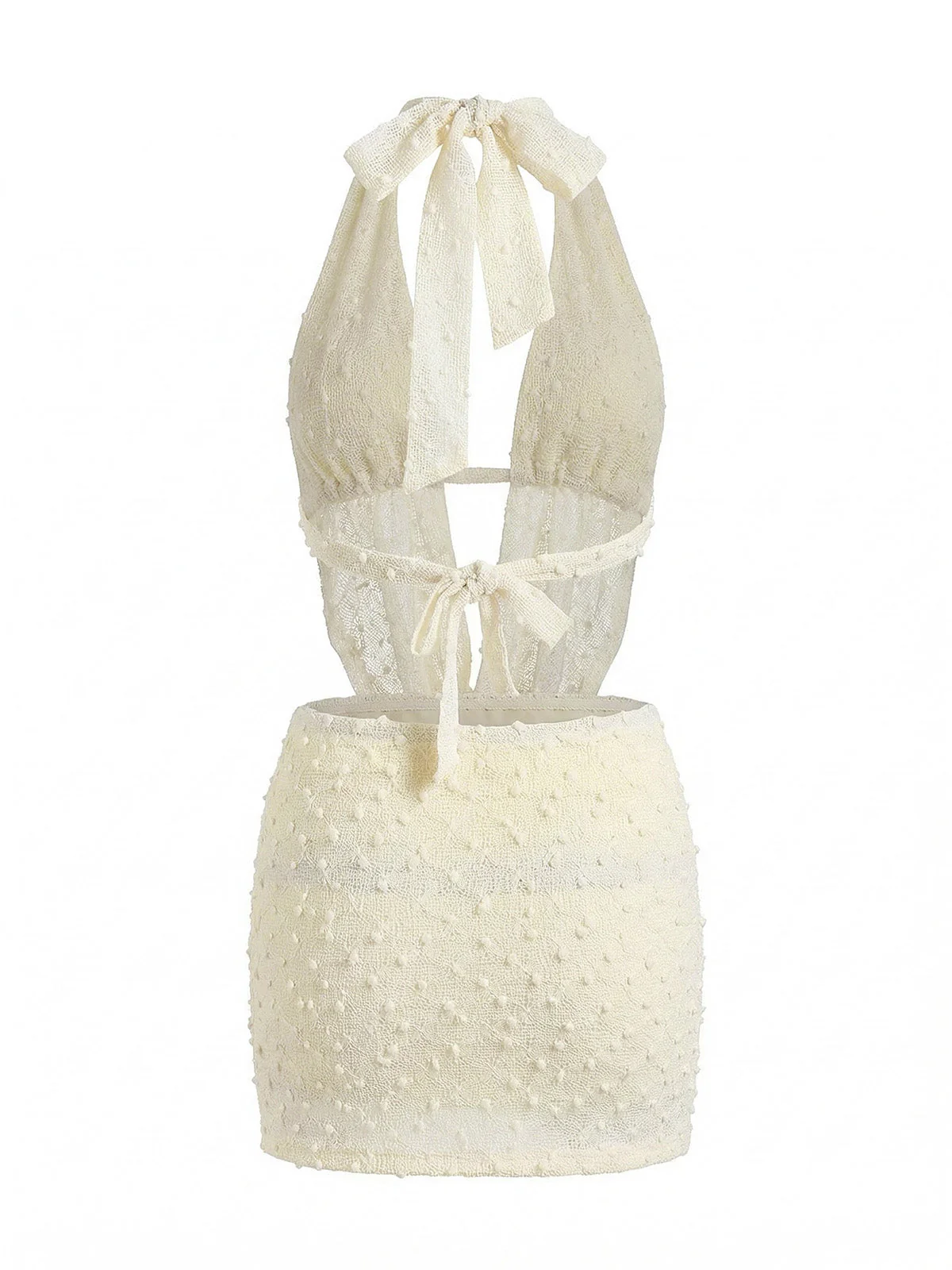 2PCS Beige 2000s Halter Backless Tie Skirt Set - Image 3