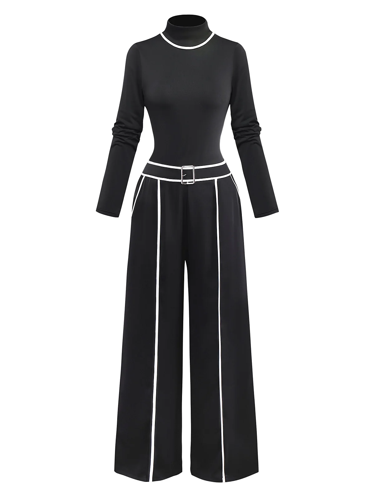 2PCS Black 1930s Binding Stand Collar Knitted Top & Wide-Leg Pants - Image 2