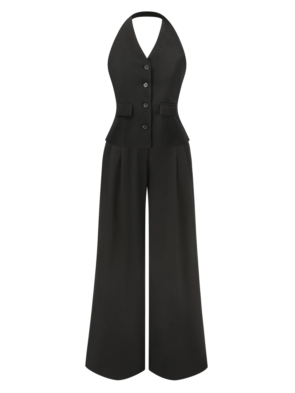 2PCS Black 1930s Halter Vest Top & Wide Leg Pants - Image 2