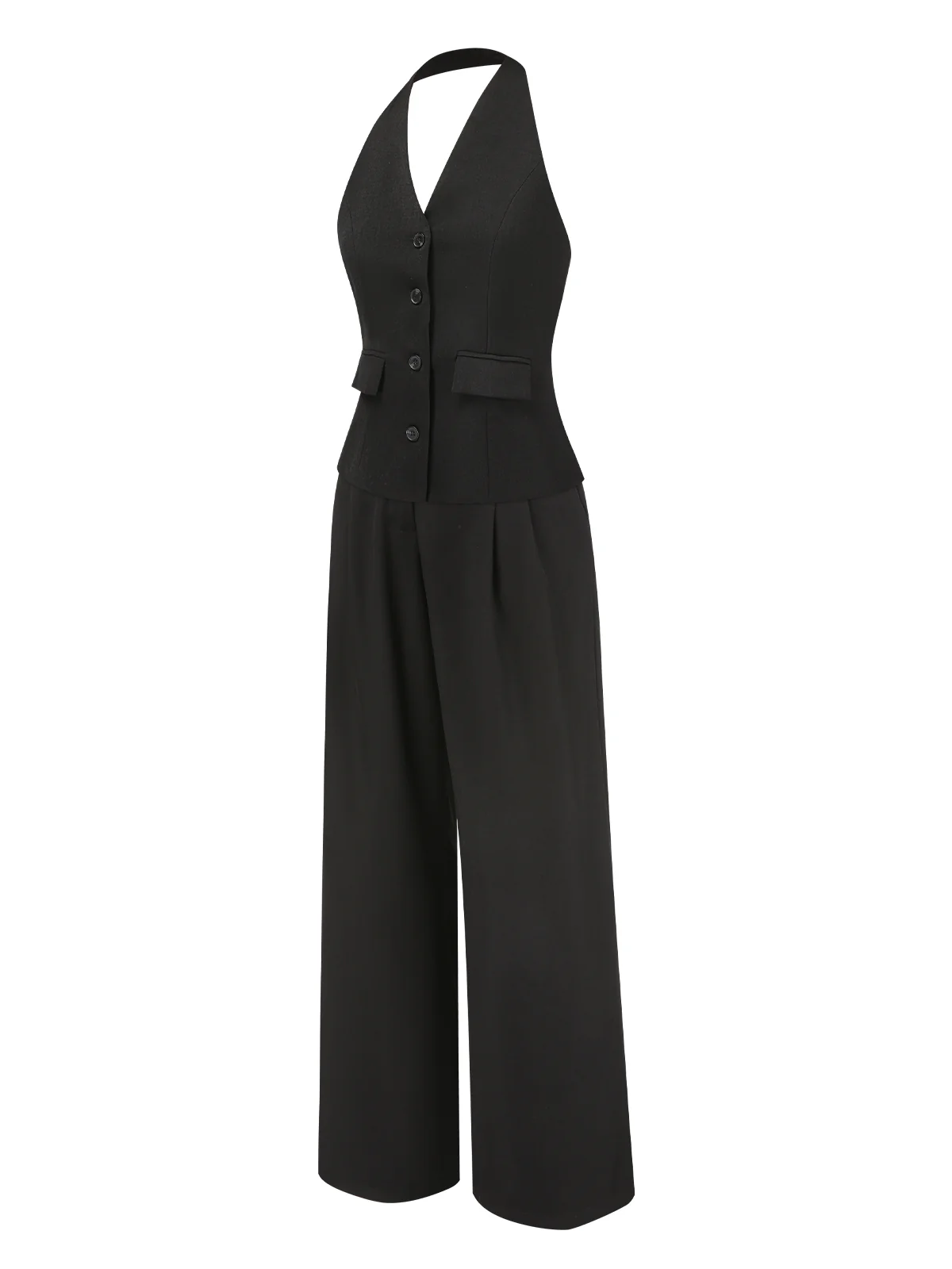 2PCS Black 1930s Halter Vest Top & Wide Leg Pants - Image 3