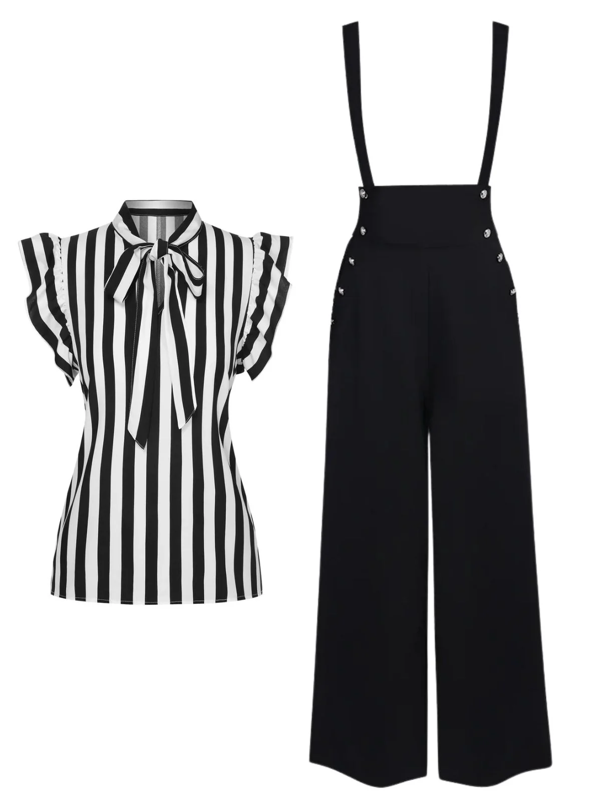 2PCS Black 1930s Stripes Tie Collar Blouse & Suspender Pants - Image 2