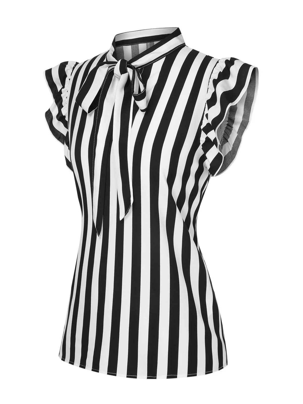 Black 1930s Striped Tie Collar Ruffle Sleeves Blouse - Image 2