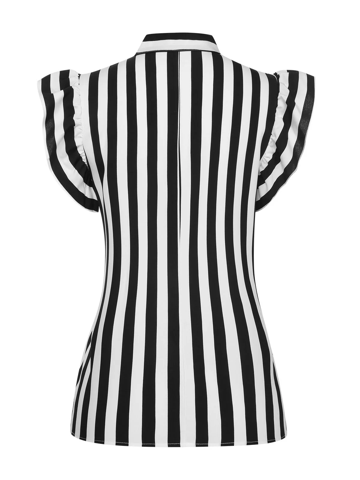 Black 1930s Striped Tie Collar Ruffle Sleeves Blouse - Image 3