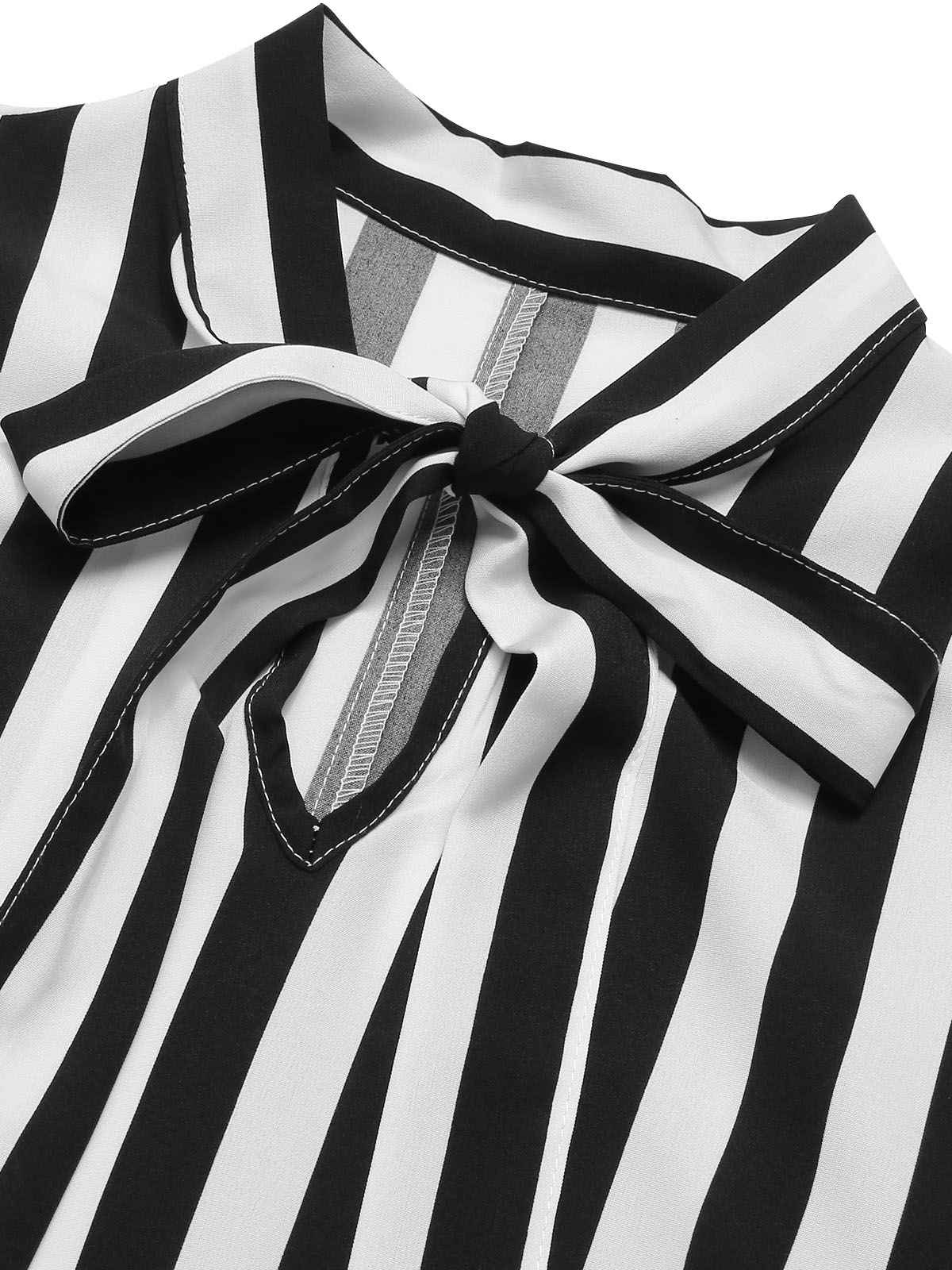 Black 1930s Striped Tie Collar Ruffle Sleeves Blouse - Image 4