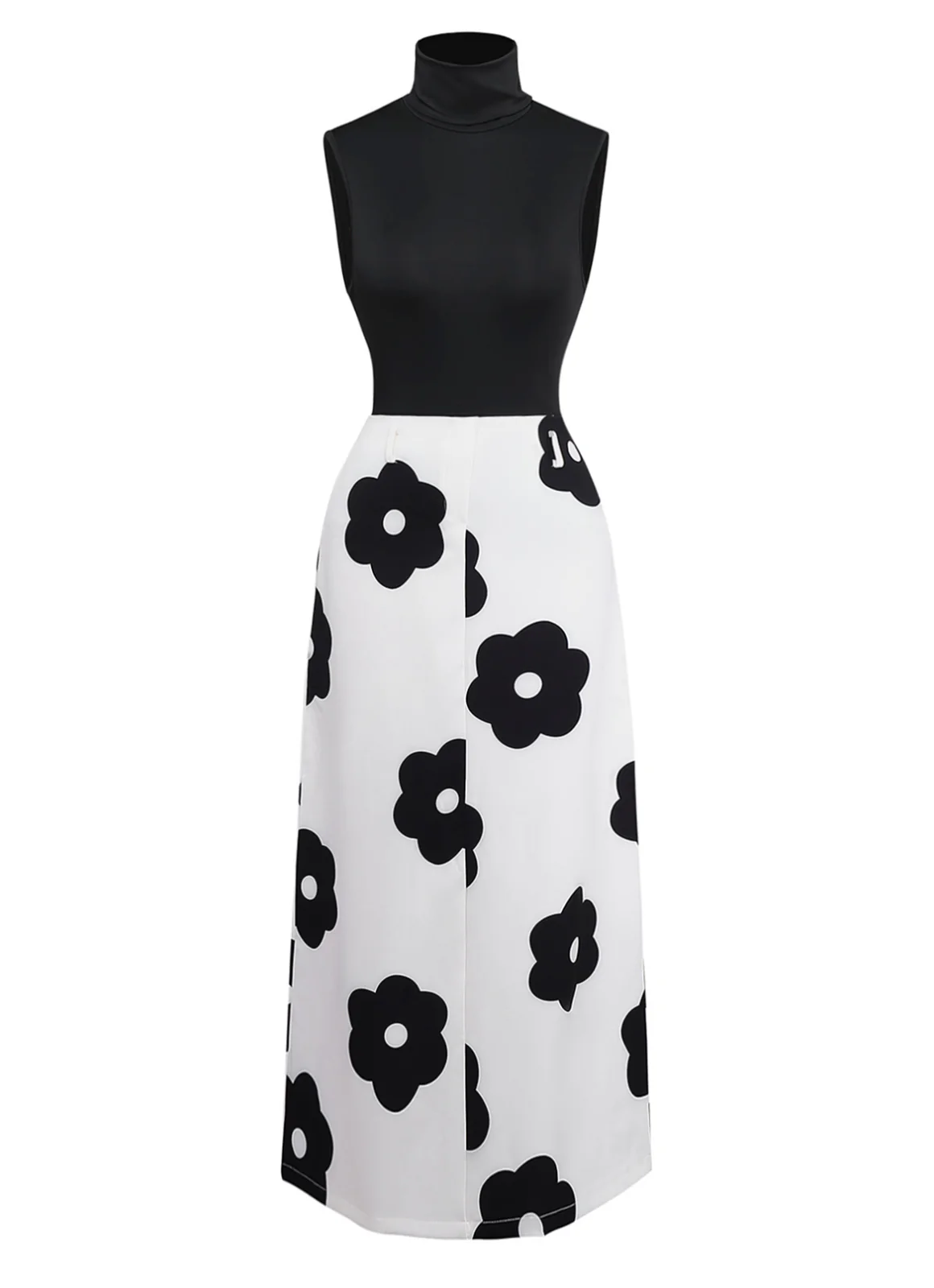 2PCS Black 1930s Turtleneck Top & Floral Skirt - Image 2