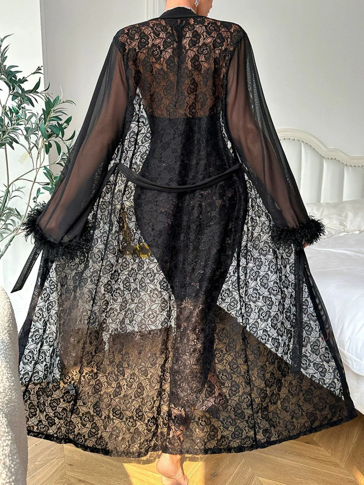 2PCS Black 1940s Lace Sheer Sleepwear Set - Image 14
