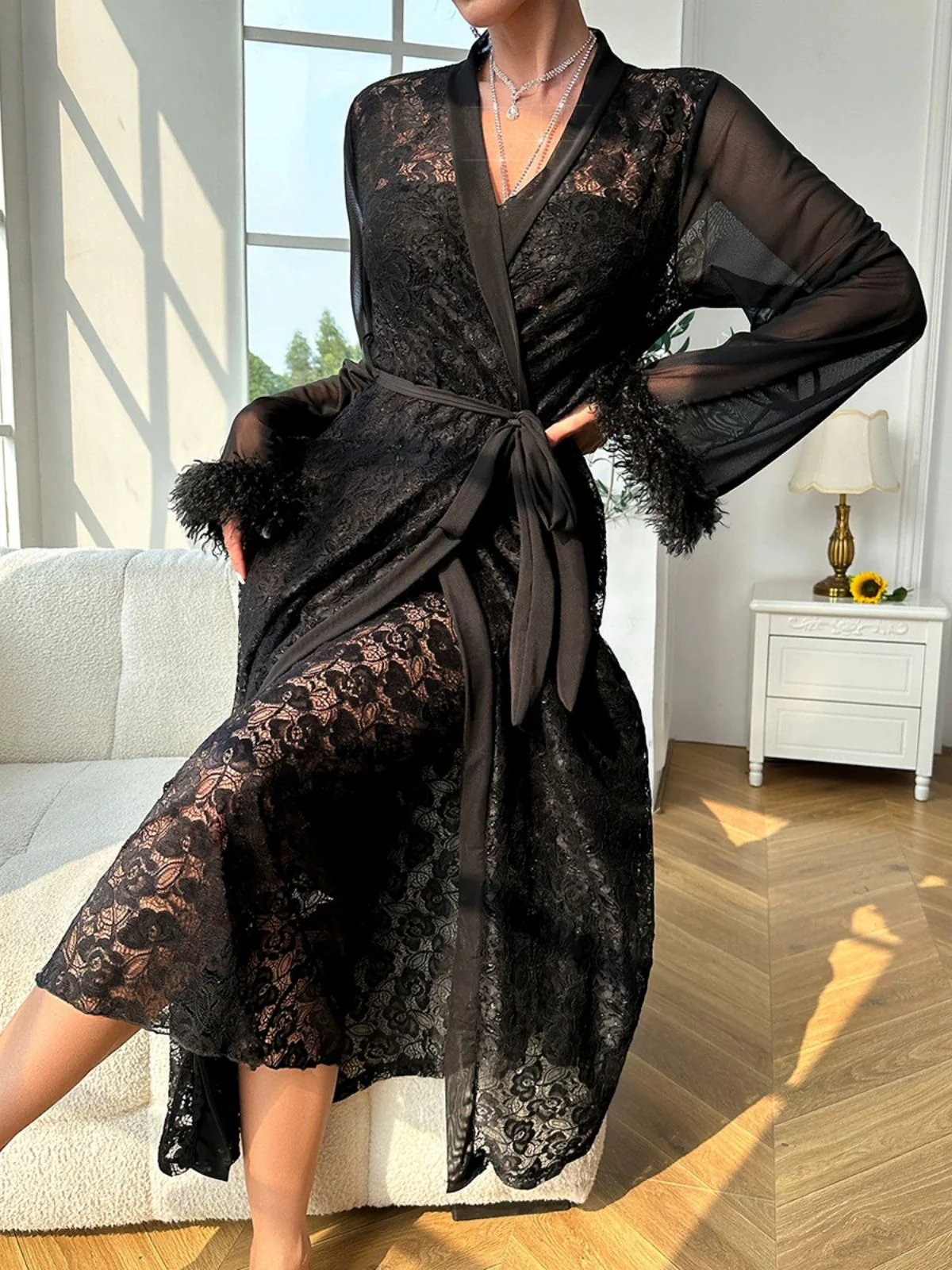 2PCS Black 1940s Lace Sheer Sleepwear Set - Image 19