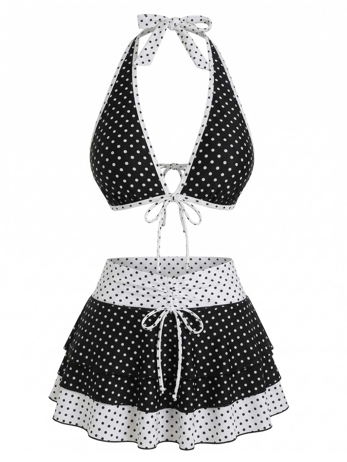 2PCS Black 1940s Polka Dot Halter Bikini Set & Cover-Up - Image 2