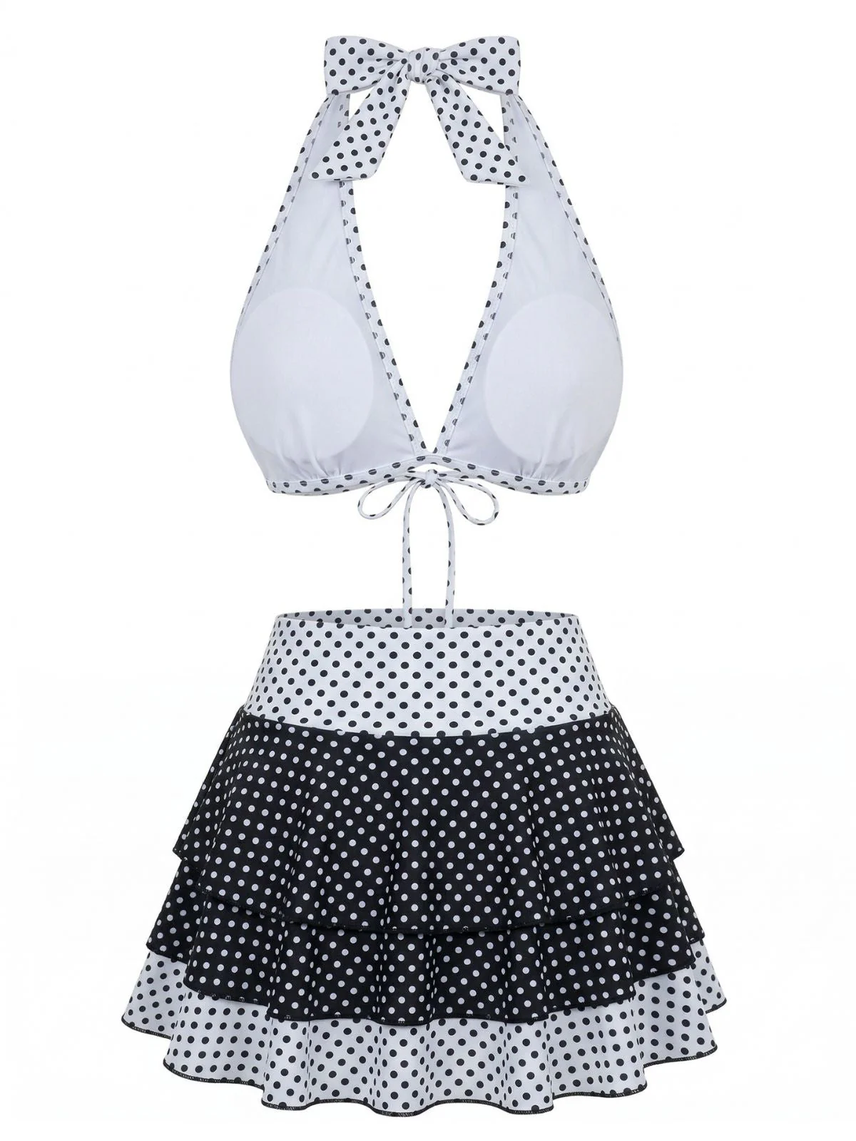 2PCS Black 1940s Polka Dot Halter Bikini Set & Cover-Up - Image 3