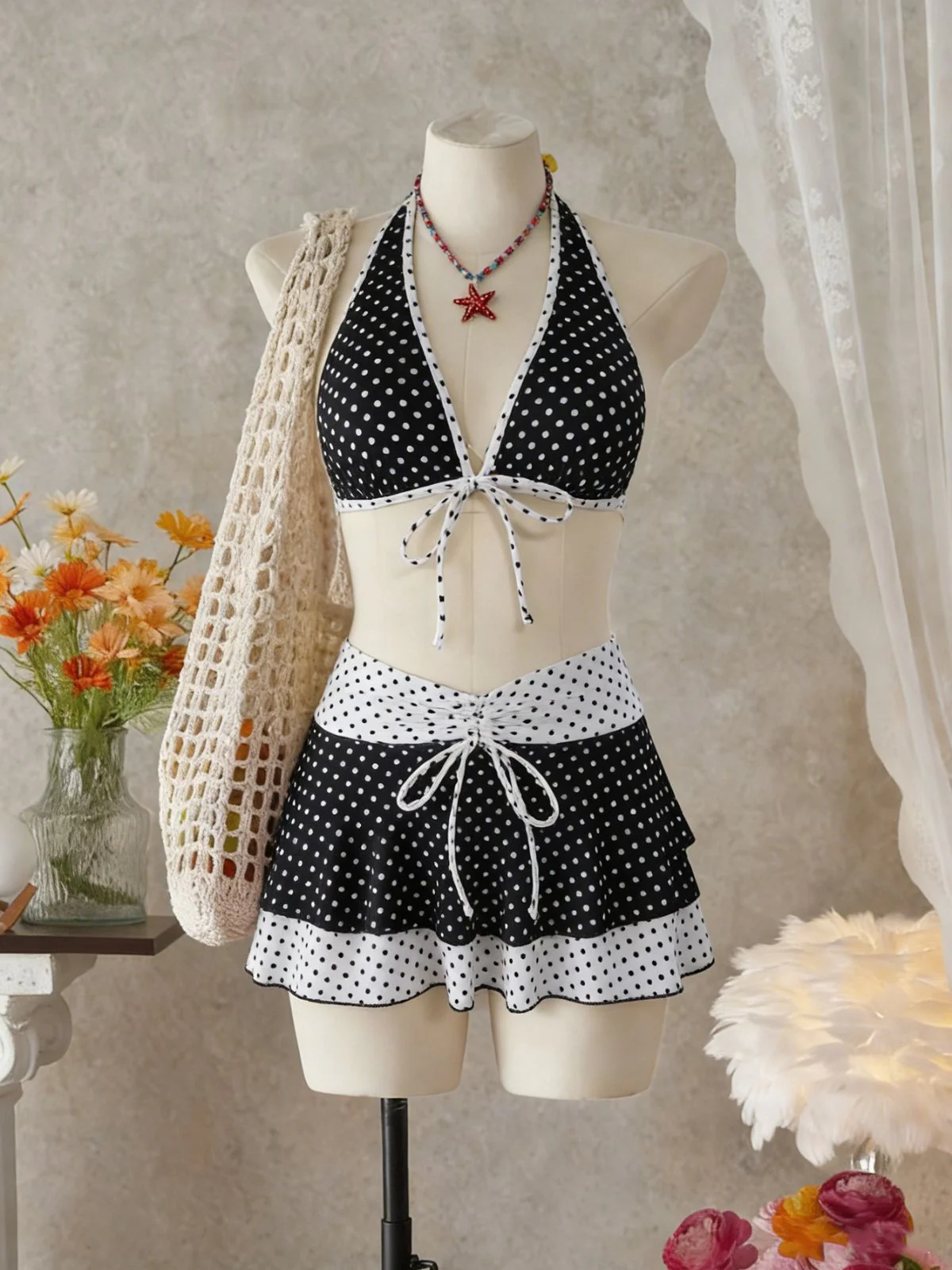 2PCS Black 1940s Polka Dot Halter Bikini Set & Cover-Up - Image 4