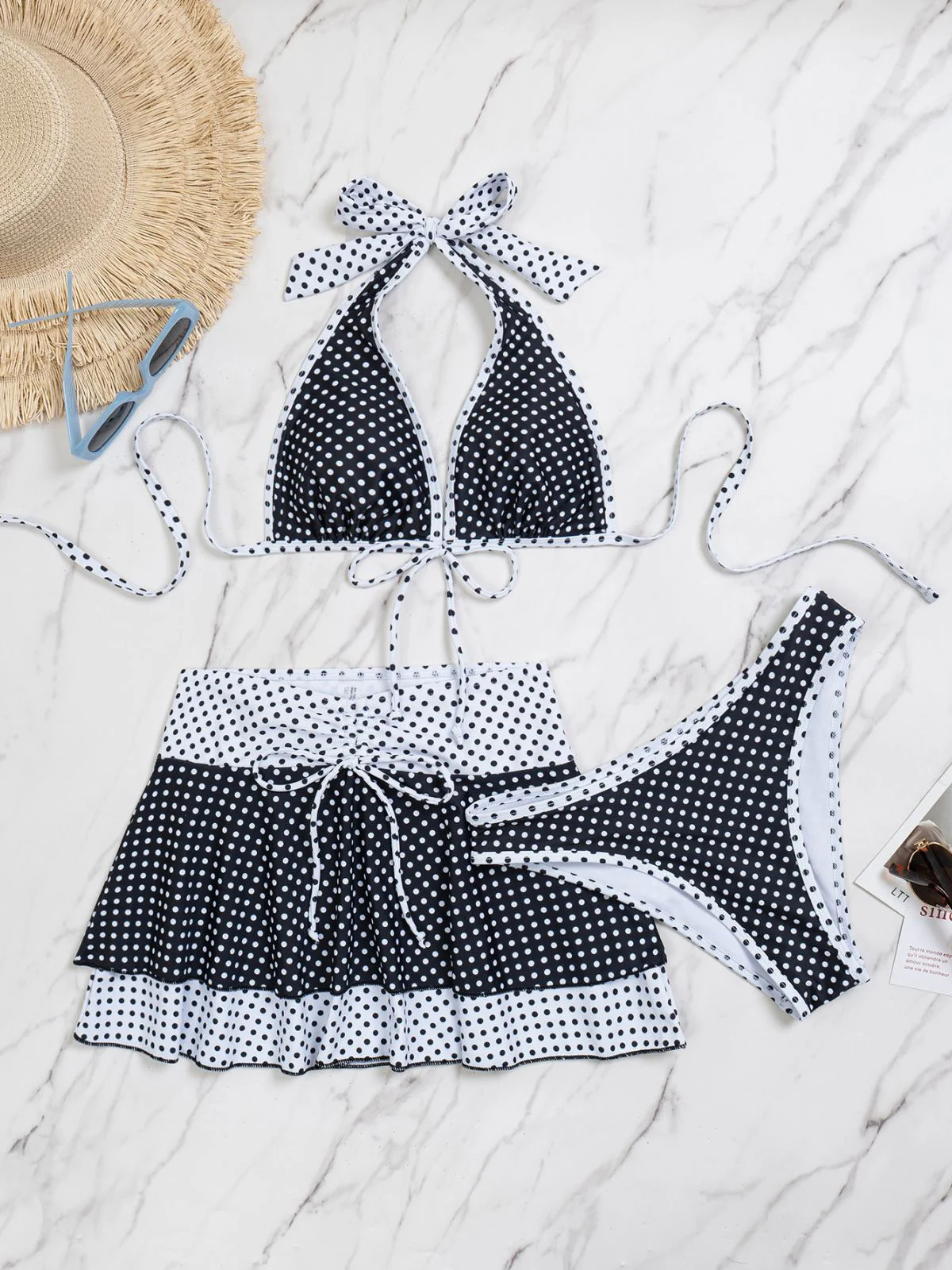 2PCS Black 1940s Polka Dot Halter Bikini Set & Cover-Up - Image 5