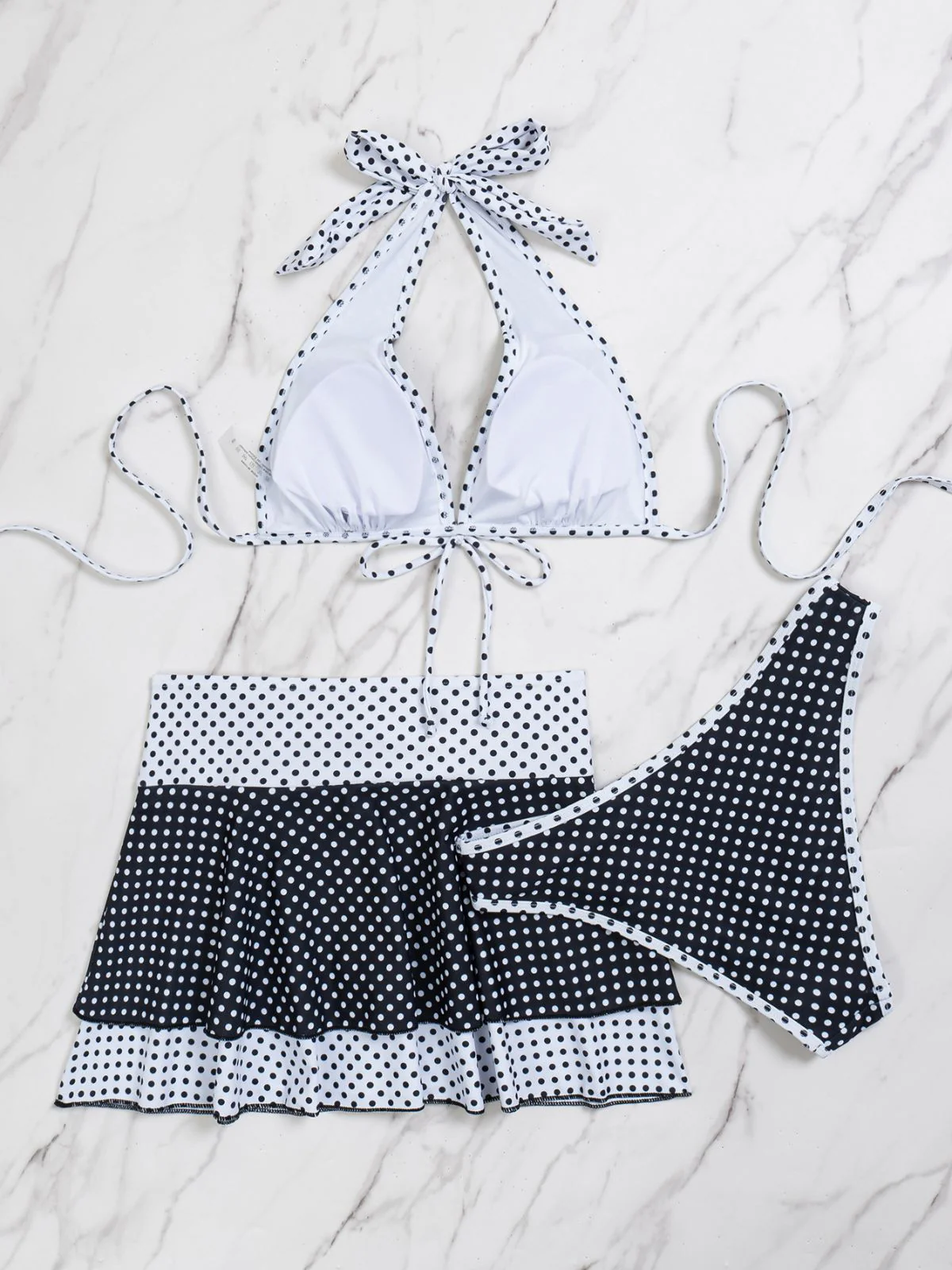 2PCS Black 1940s Polka Dot Halter Bikini Set & Cover-Up - Image 6