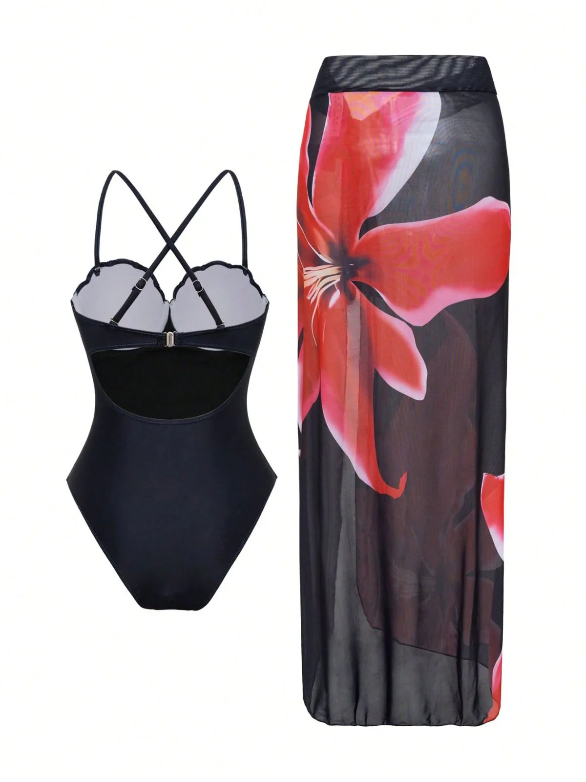 2PCS Black 1950s Floral Swimsuit & Cover-Up - Image 2