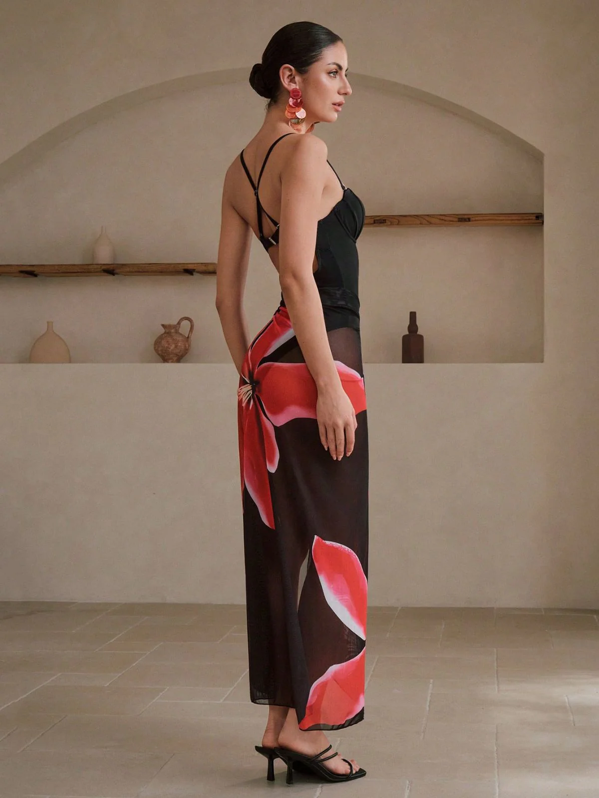 2PCS Black 1950s Floral Swimsuit & Cover-Up - Image 3