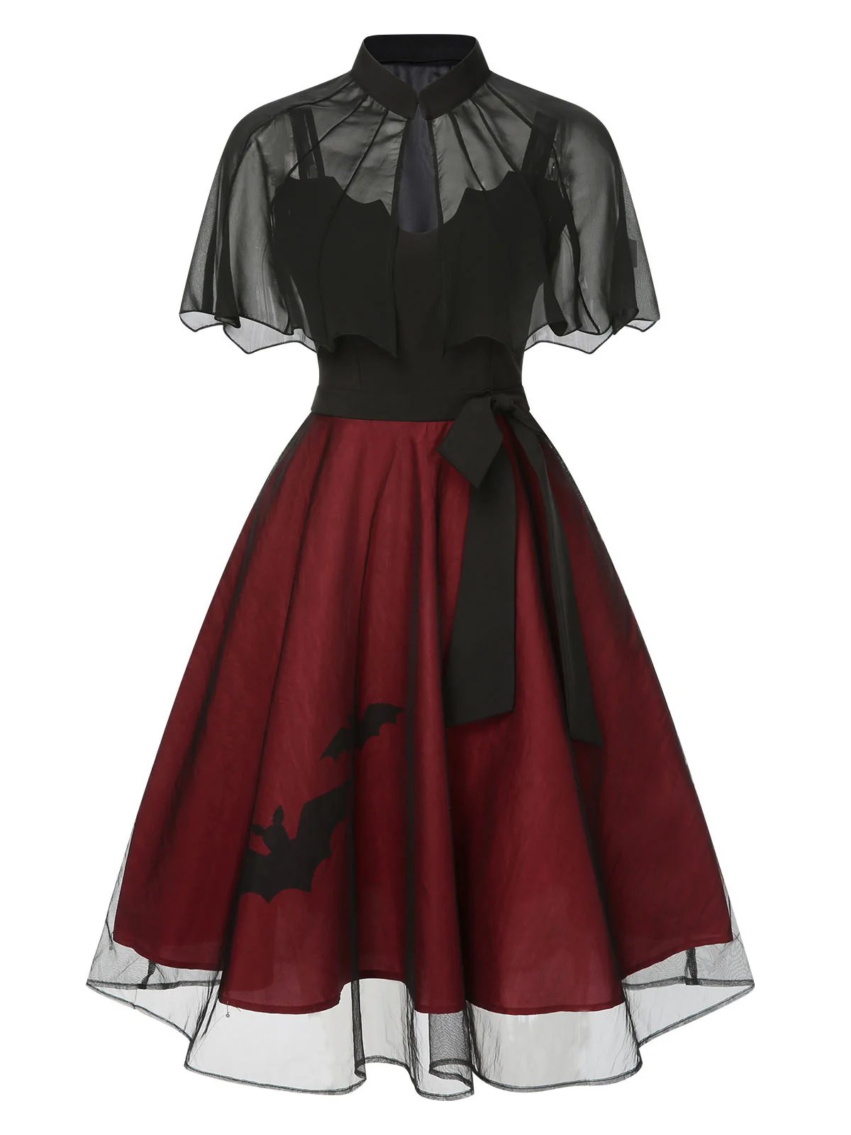 2PCS Black 1950s Halloween Bat Mesh Dress & Sheer Cape - Image 2