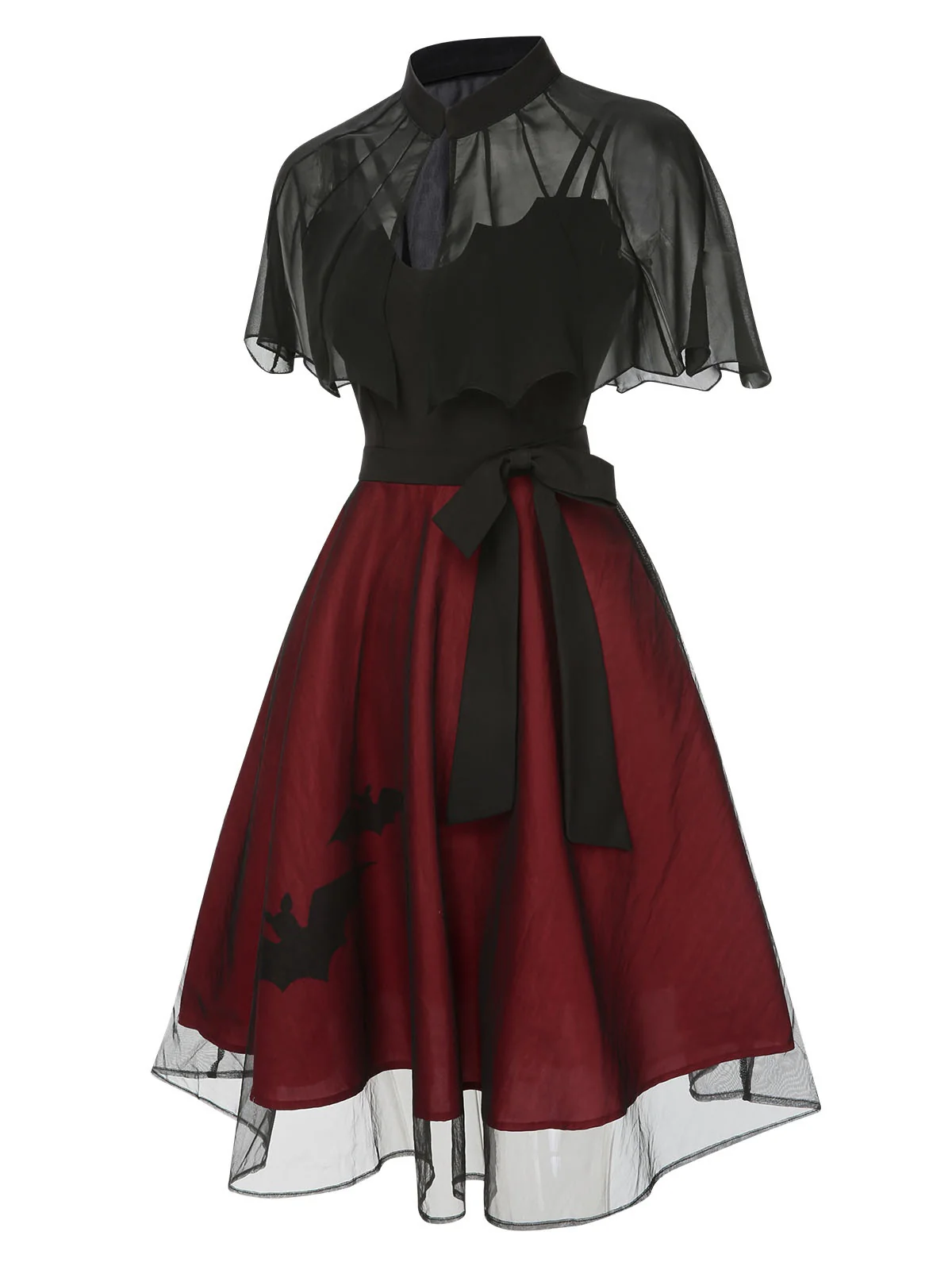 2PCS Black 1950s Halloween Bat Mesh Dress & Sheer Cape - Image 4