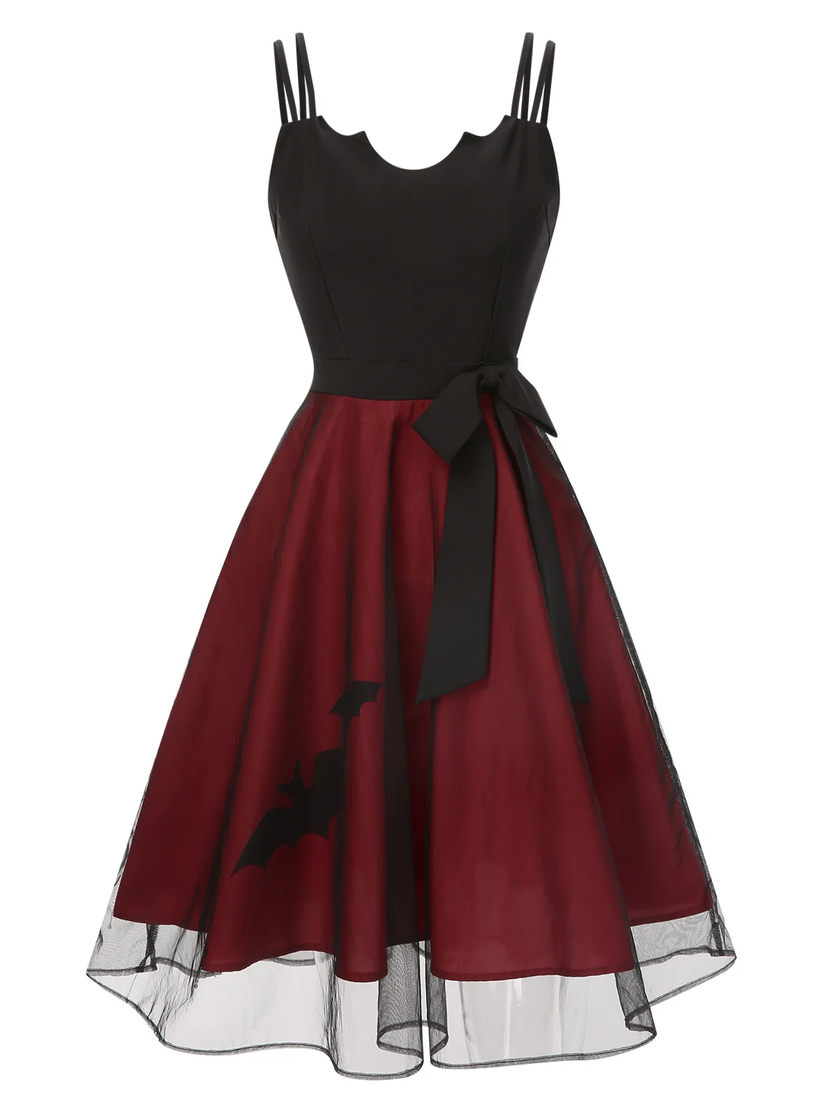 2PCS Black 1950s Halloween Bat Mesh Dress & Sheer Cape - Image 5