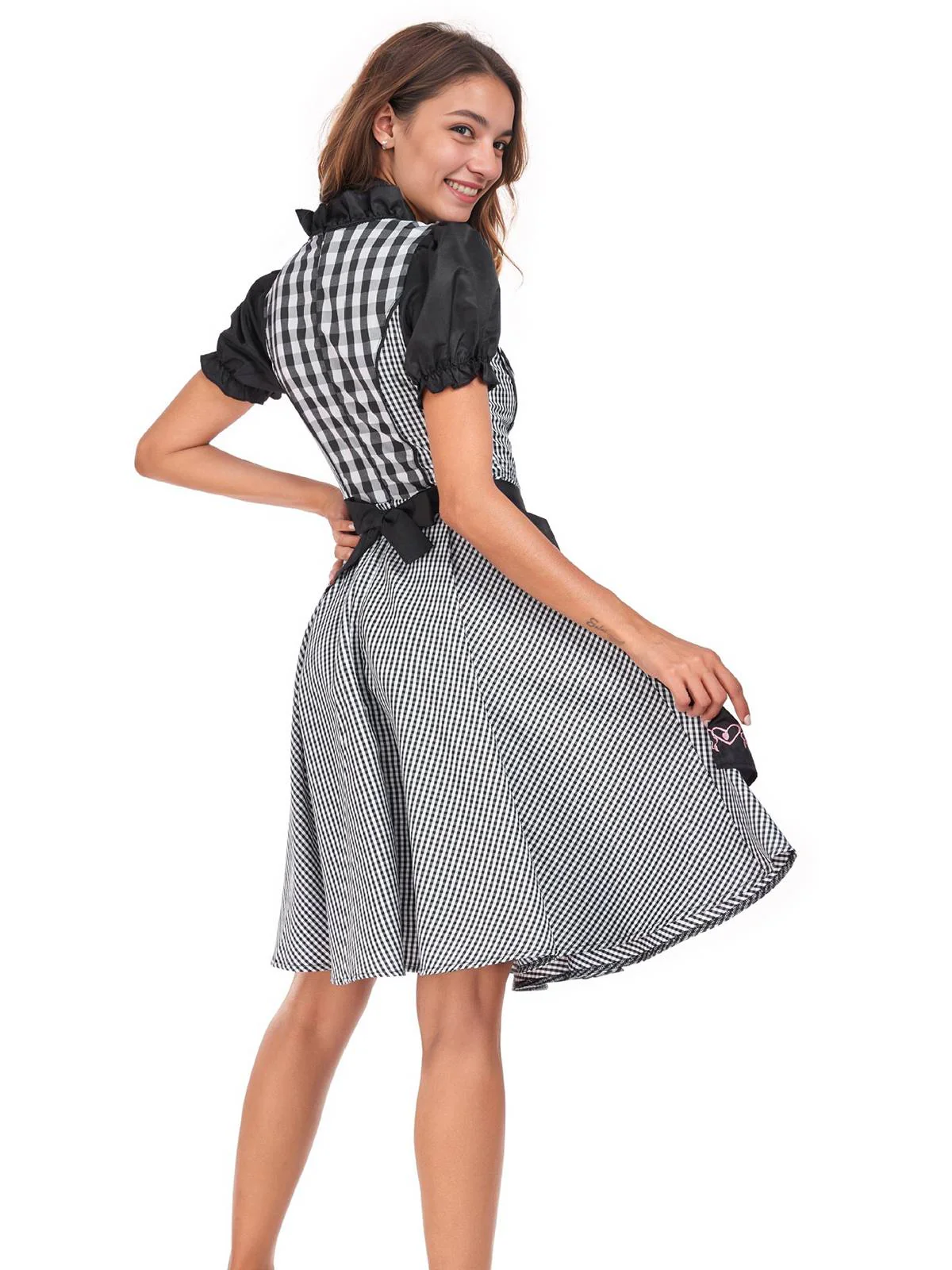 2PCS Black 1950s Oktoberfest Puff Sleeves Gingham Dress with Apron - Image 2