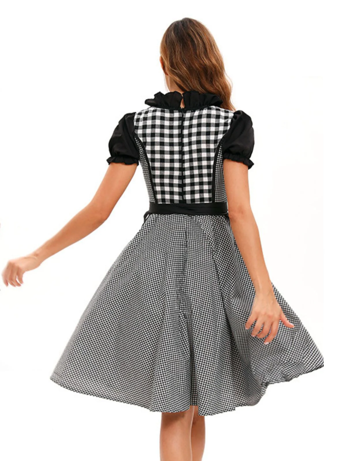 2PCS Black 1950s Oktoberfest Puff Sleeves Gingham Dress with Apron - Image 3