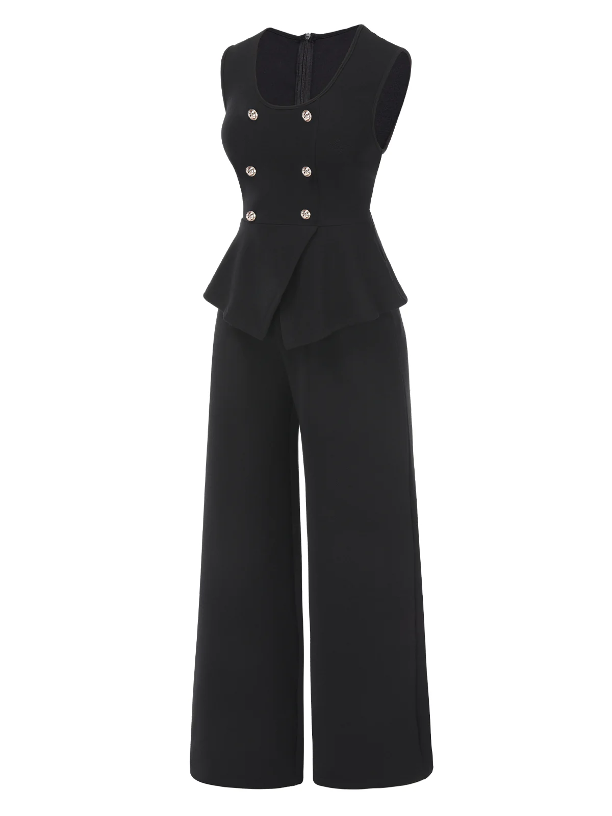 2PCS Black 1960s Double Breasted Sleeveless Vest & Wide Leg Pants - Image 2
