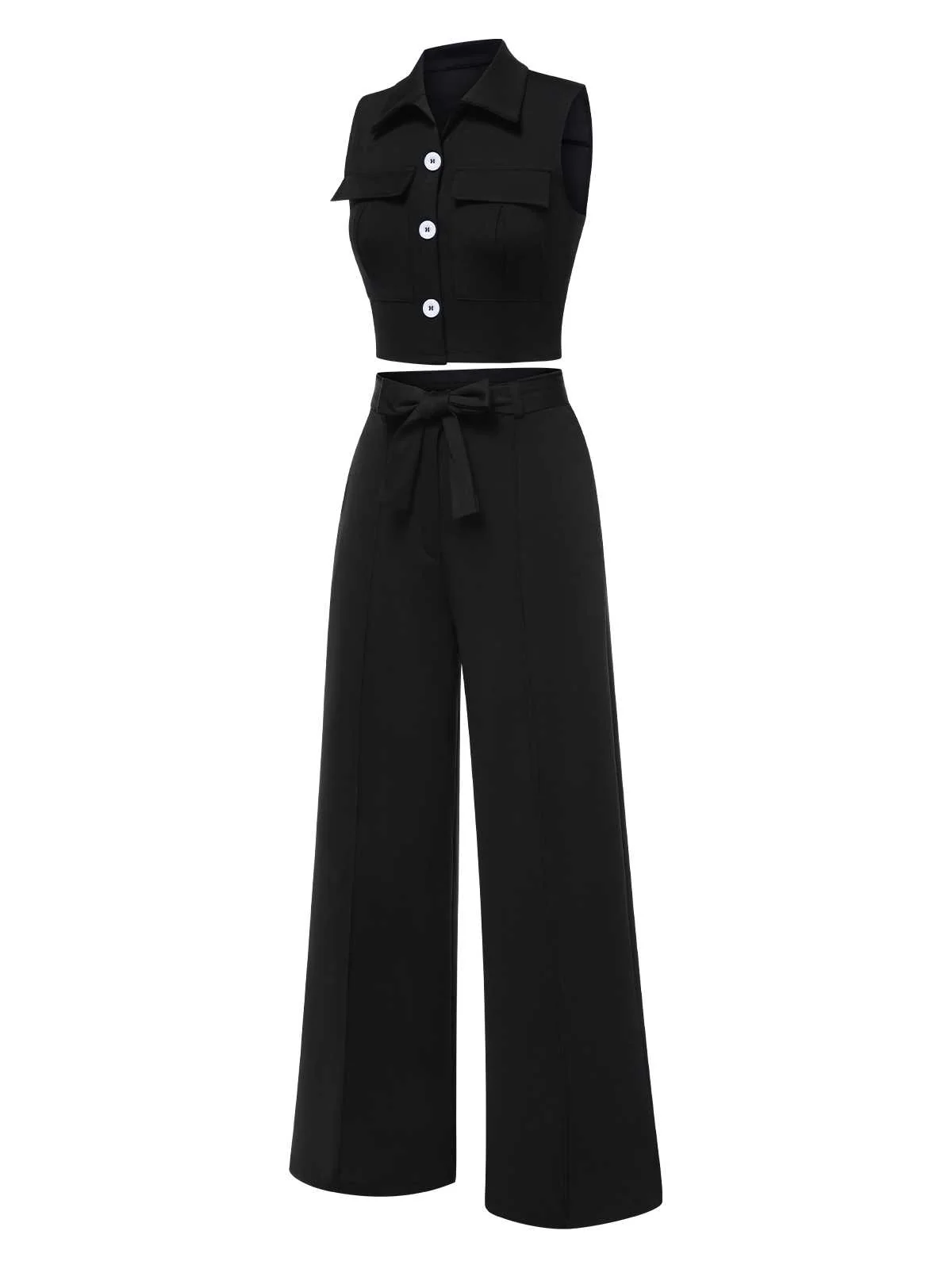 2PCS Black 1960s Lapel Sleeveless Vest & Pants - Image 2