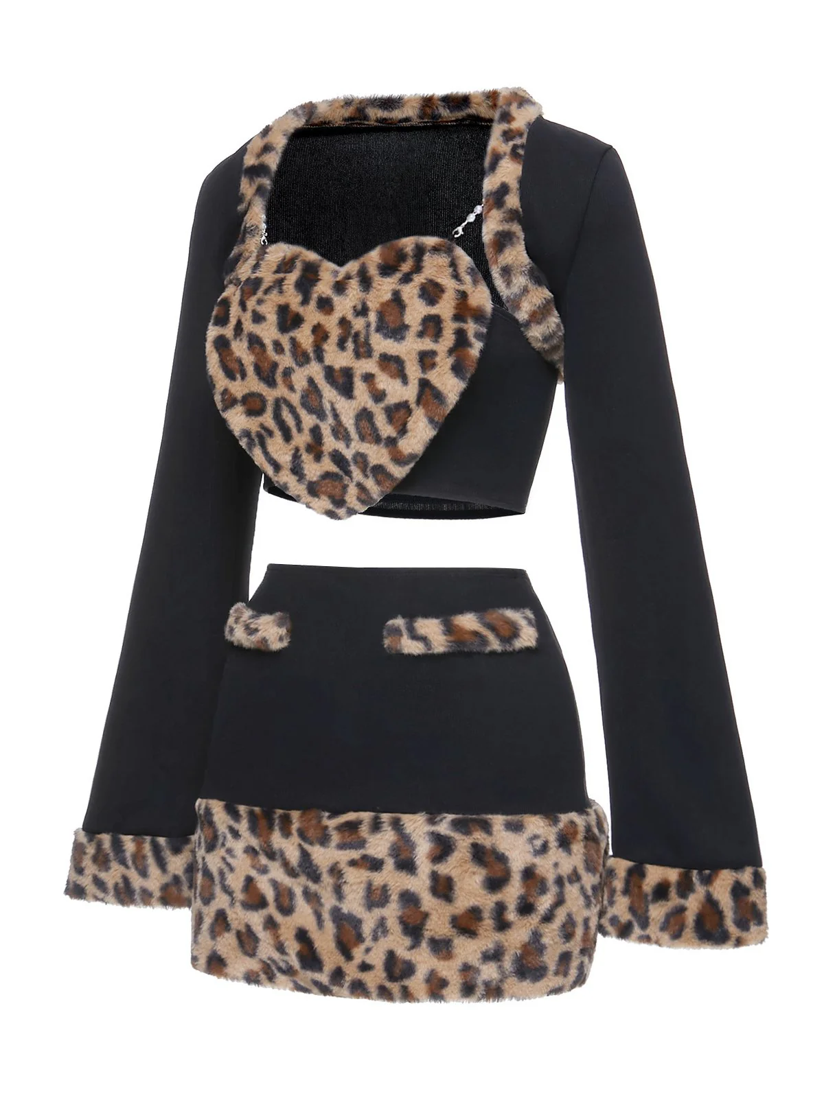 2PCS Black 1960s Plush Leopard Sweetheart Top & Skirt & Coat - Image 2