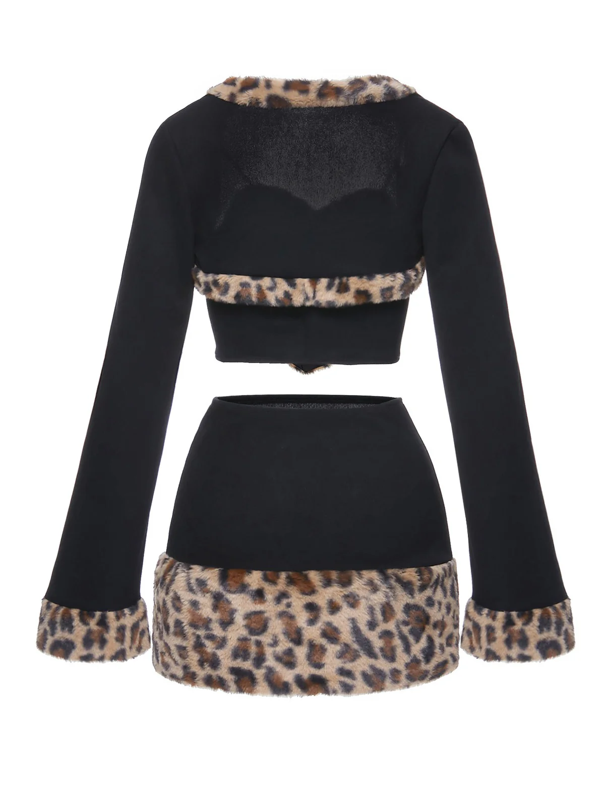 2PCS Black 1960s Plush Leopard Sweetheart Top & Skirt & Coat - Image 3