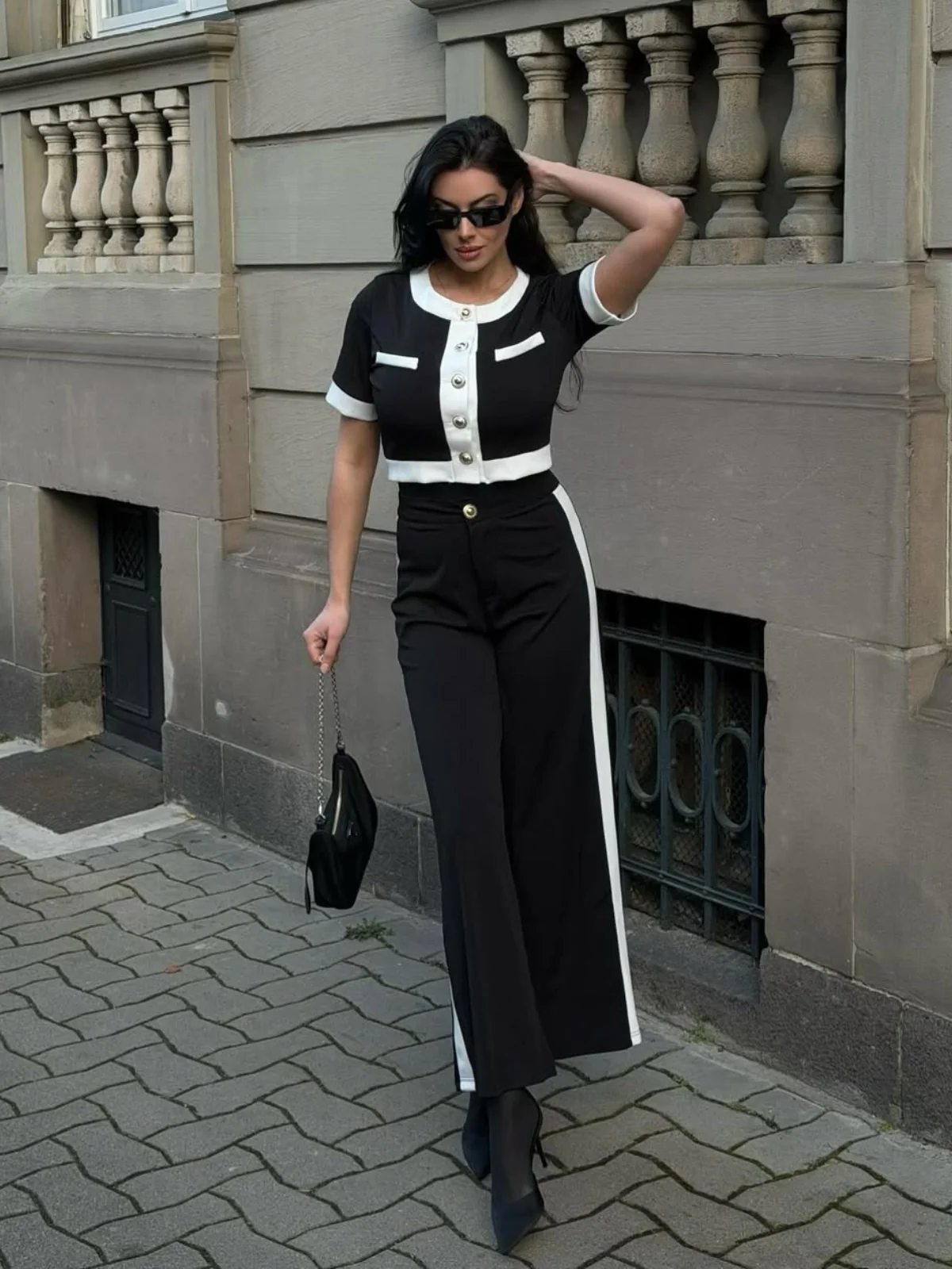 2PCS Black 1960s Solid Buttoned Top & Pants - Image 3